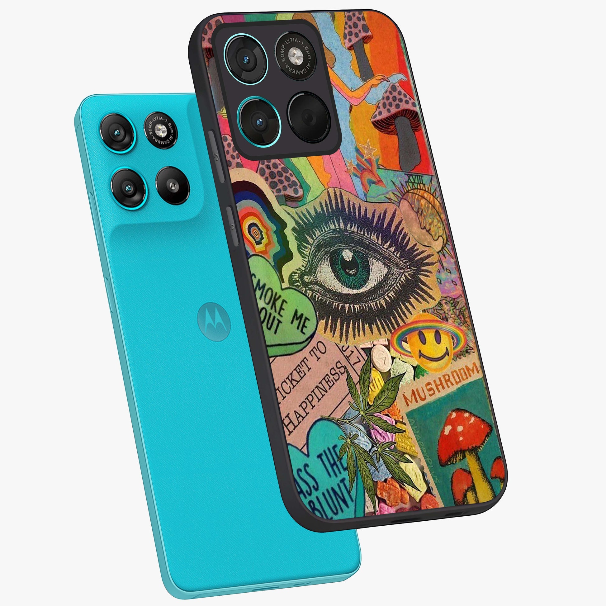 Mystic Eye Wonderland Glass Case displayed in angled mockup highlighting magical eye illustration with dreamy aesthetic.