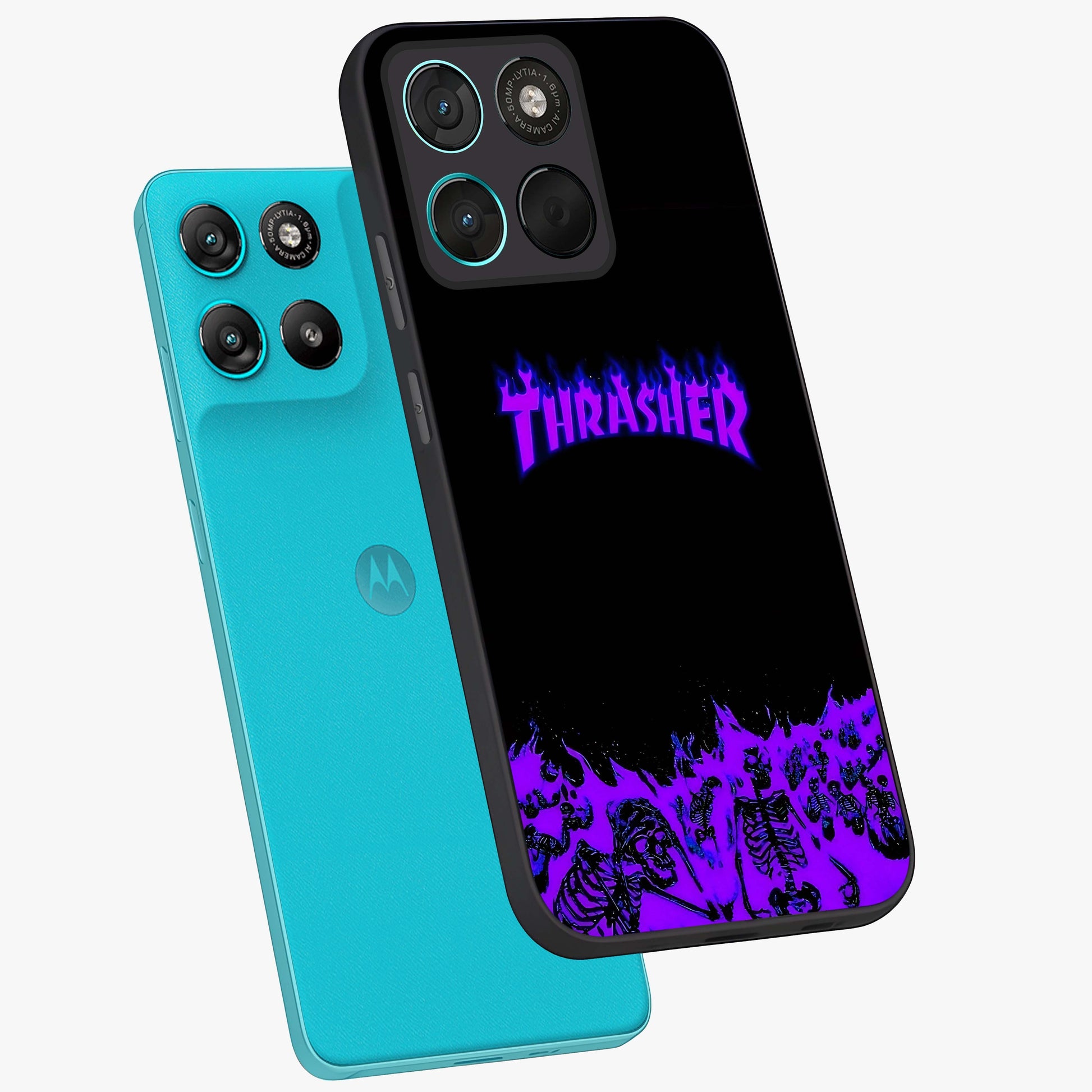 Neon Flame Riot Glass Case displayed in angled mockup highlighting glowing flame design with vibrant neon aesthetic.