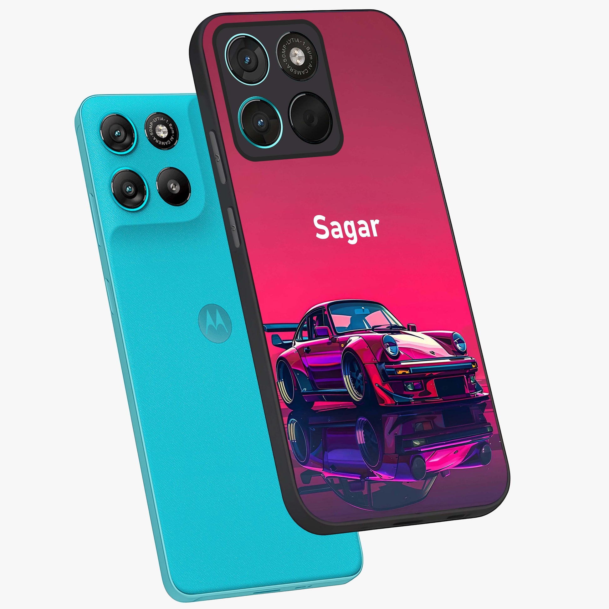 Neon Pink Porsche Glass Case displayed in angled mockup highlighting sleek neon pink car design with racing aesthetic.