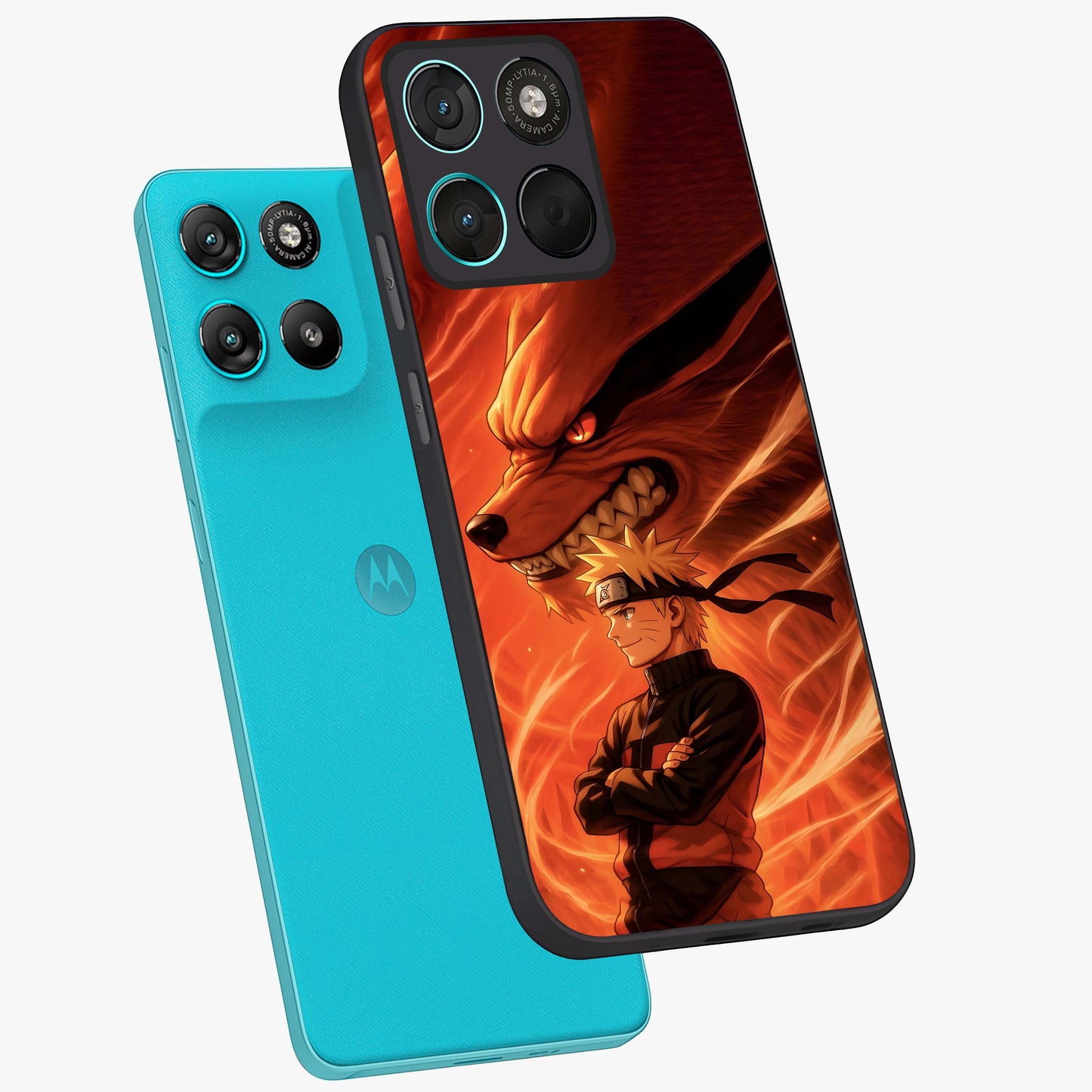 Nine Tails Legacy Glass Case displayed in angled mockup highlighting dynamic anime beast illustration with bold mystical aesthetic.