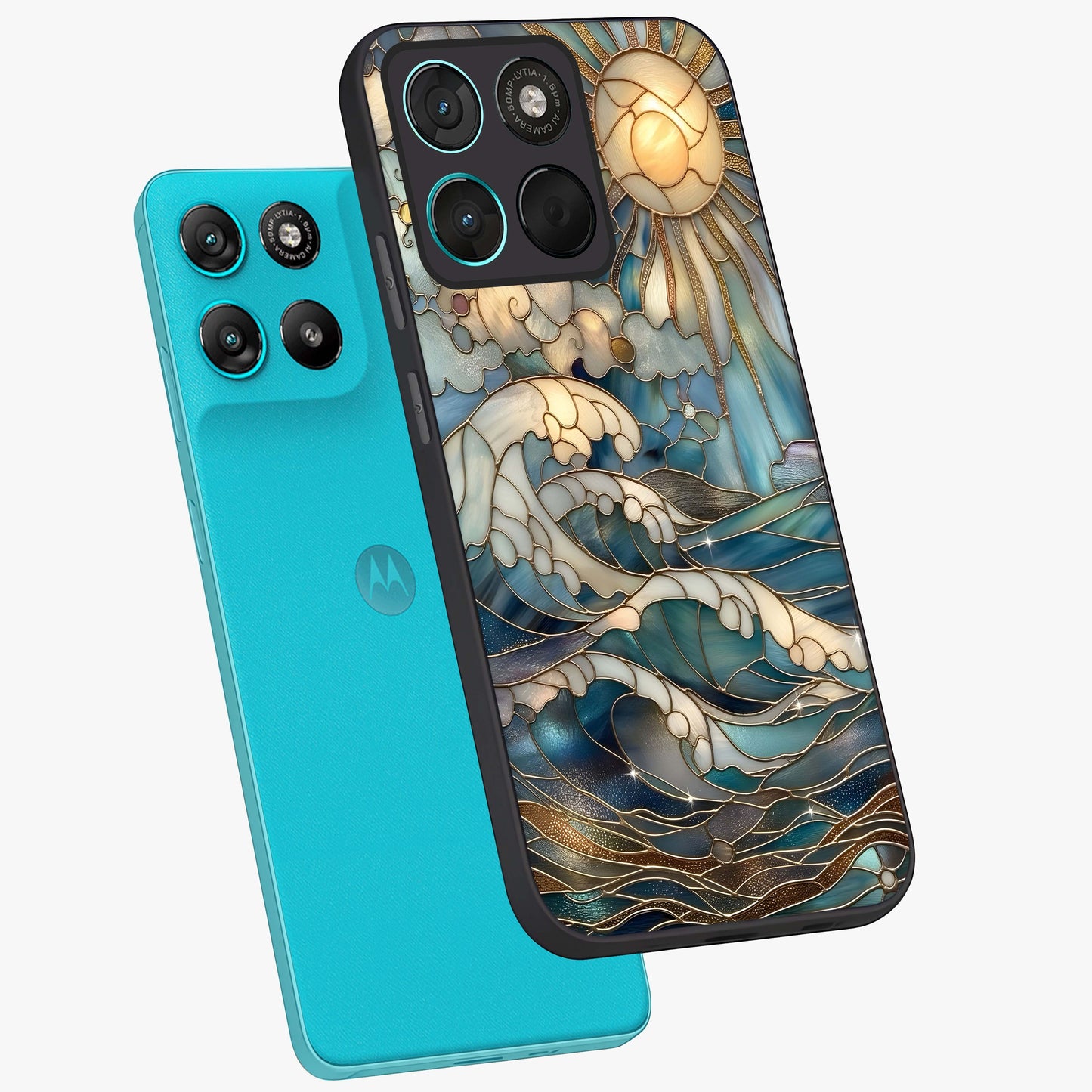 Oceanic Stained Printed Glass Case displayed in angled mockup highlighting colorful aquatic design with artistic aesthetic style.