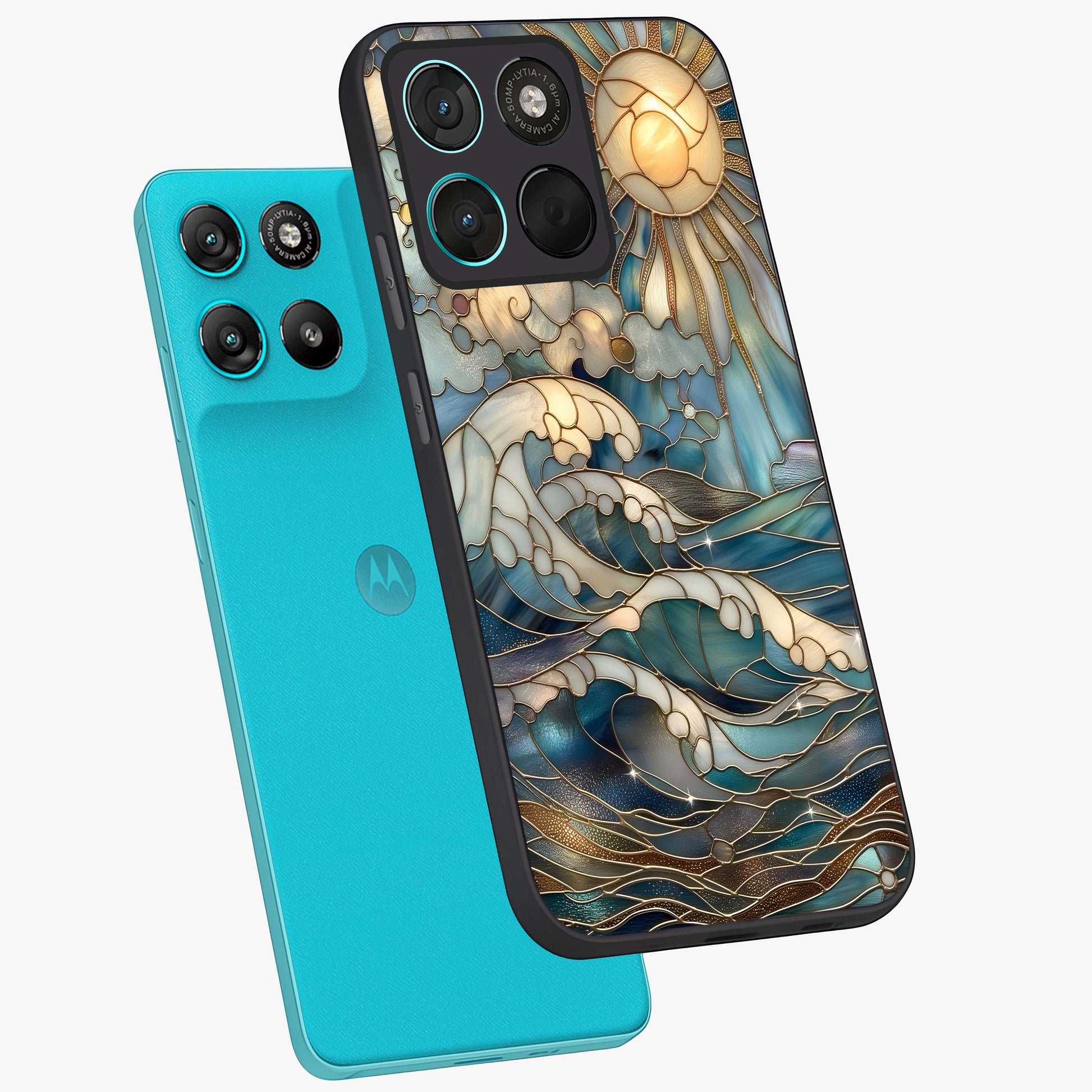 Oceanic Stained Printed Glass Case displayed in angled mockup highlighting colorful aquatic design with artistic aesthetic style.