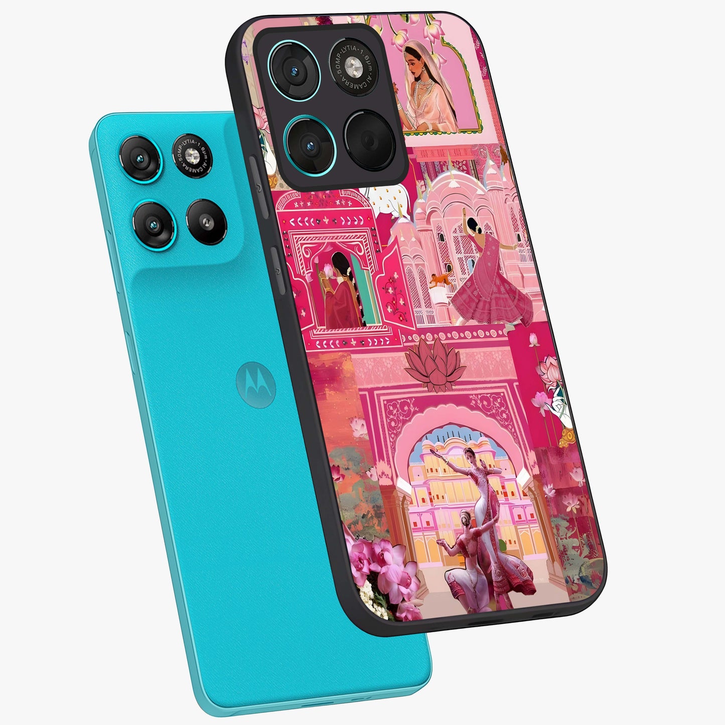Pink Palace Muse Glass Case displayed in angled mockup highlighting dreamy palace illustration with soft pink aesthetic.
