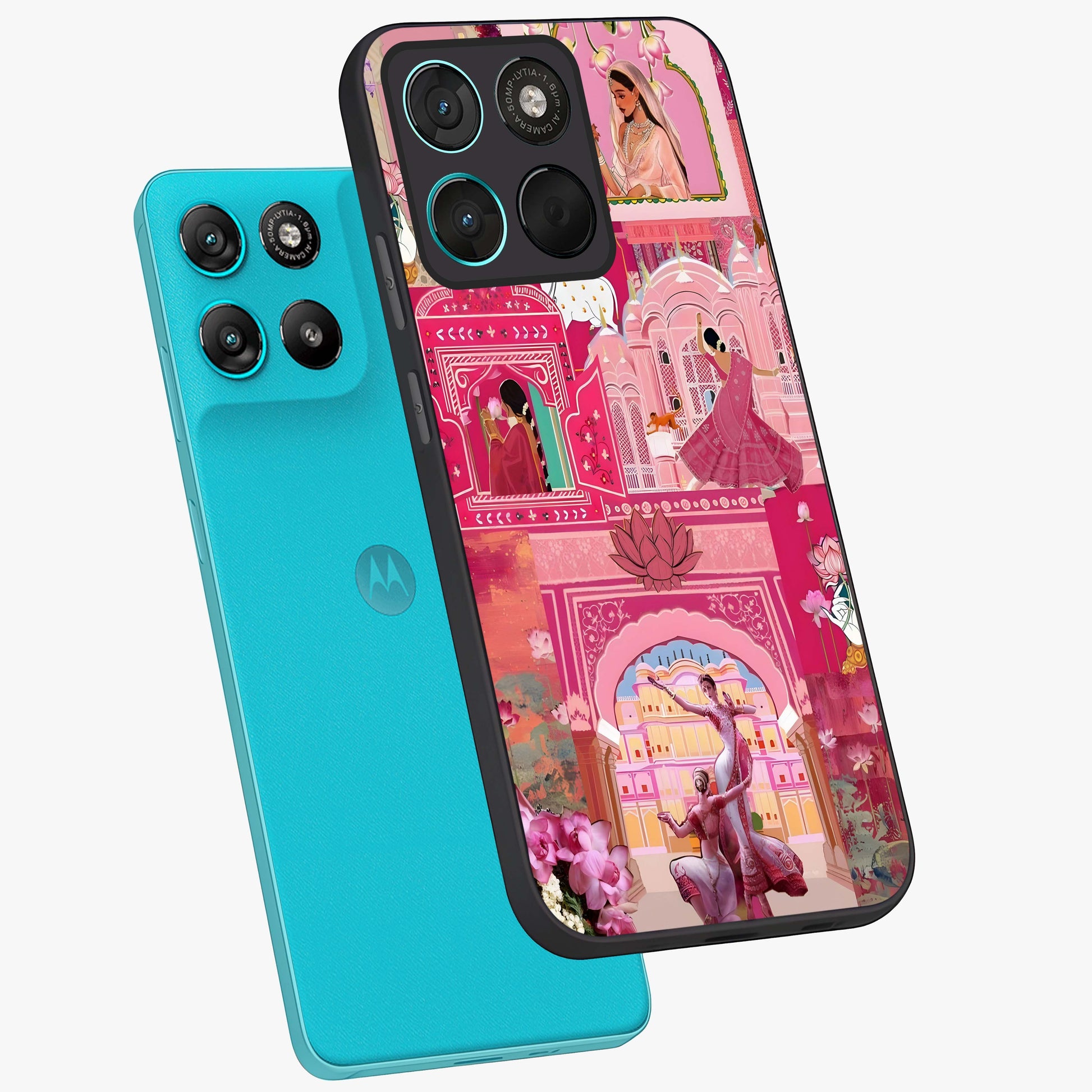 Pink Palace Muse Glass Case displayed in angled mockup highlighting dreamy palace illustration with soft pink aesthetic.