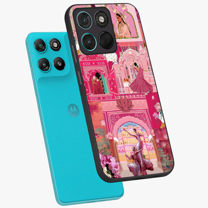 Pink Palace Muse Glass Case displayed in angled mockup highlighting dreamy palace illustration with soft pink aesthetic.