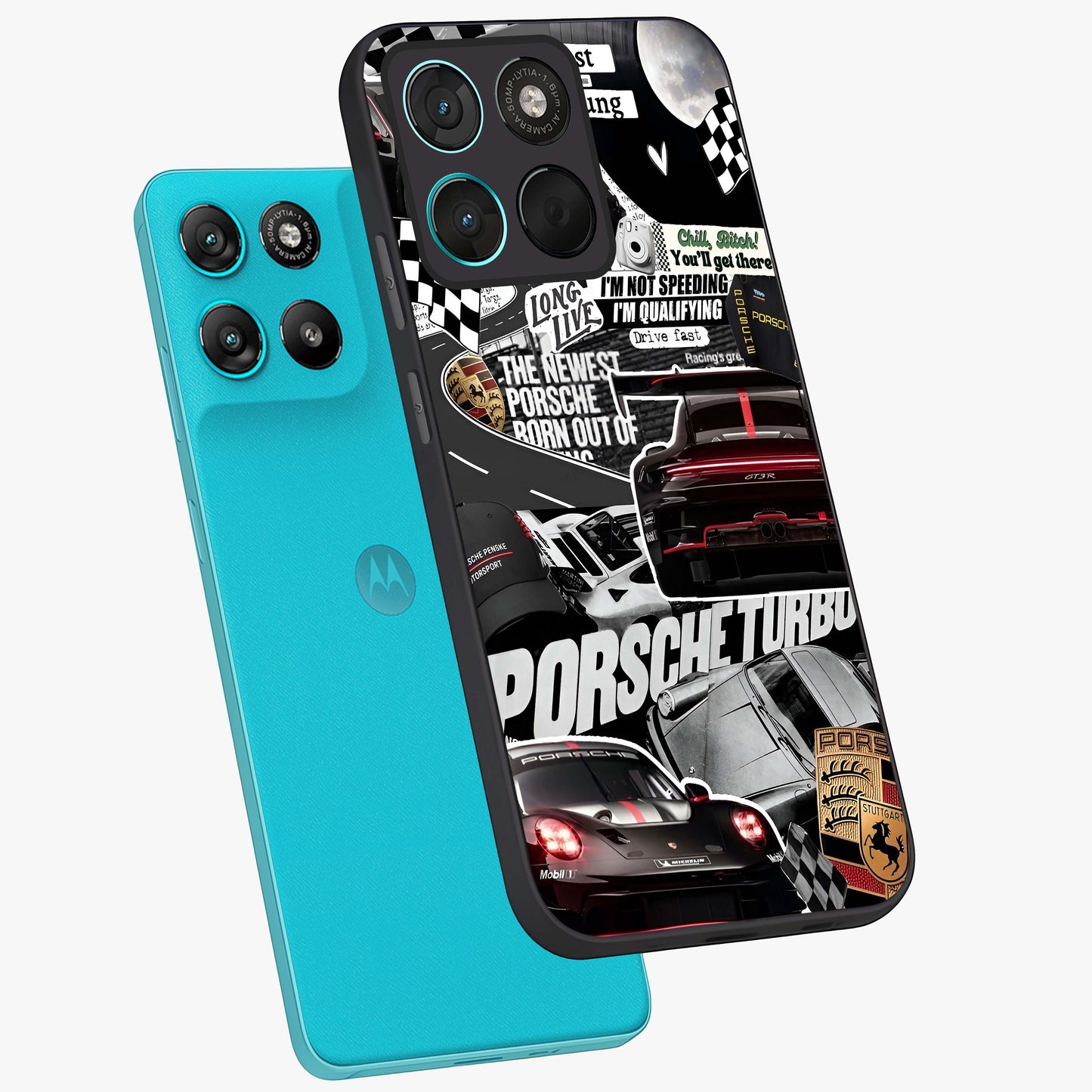 Porsche Racing Collage Glass Case displayed in angled mockup highlighting dynamic automotive design with bold racing aesthetic.