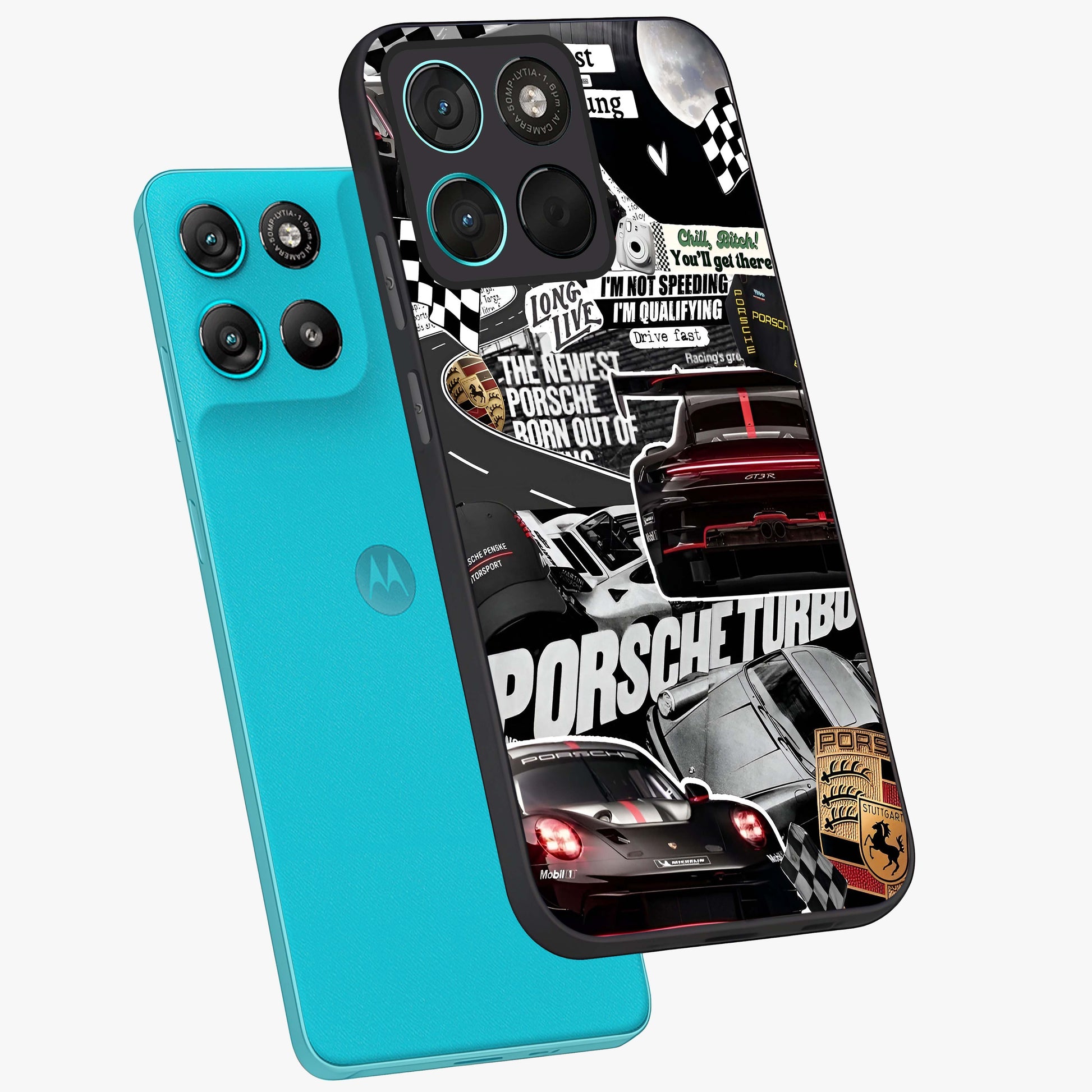 Porsche Racing Collage Glass Case displayed in angled mockup highlighting dynamic automotive design with bold racing aesthetic.