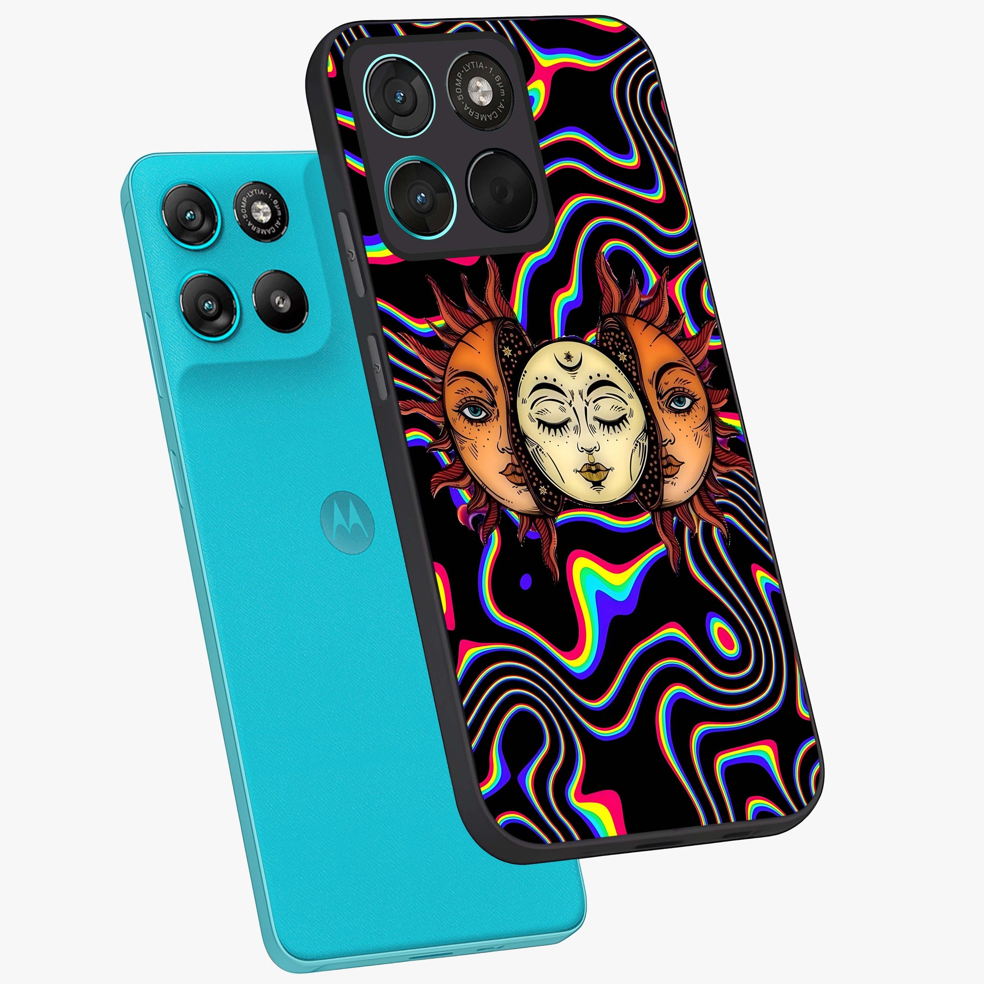 Psychedelic Sun Glass Case displayed in angled mockup highlighting vibrant abstract sun design with artistic aesthetic style.