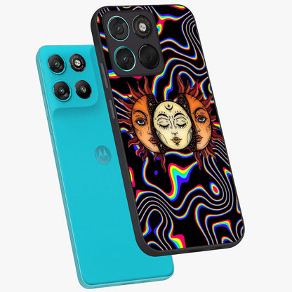 Psychedelic Sun Glass Case displayed in angled mockup highlighting vibrant abstract sun design with artistic aesthetic style.