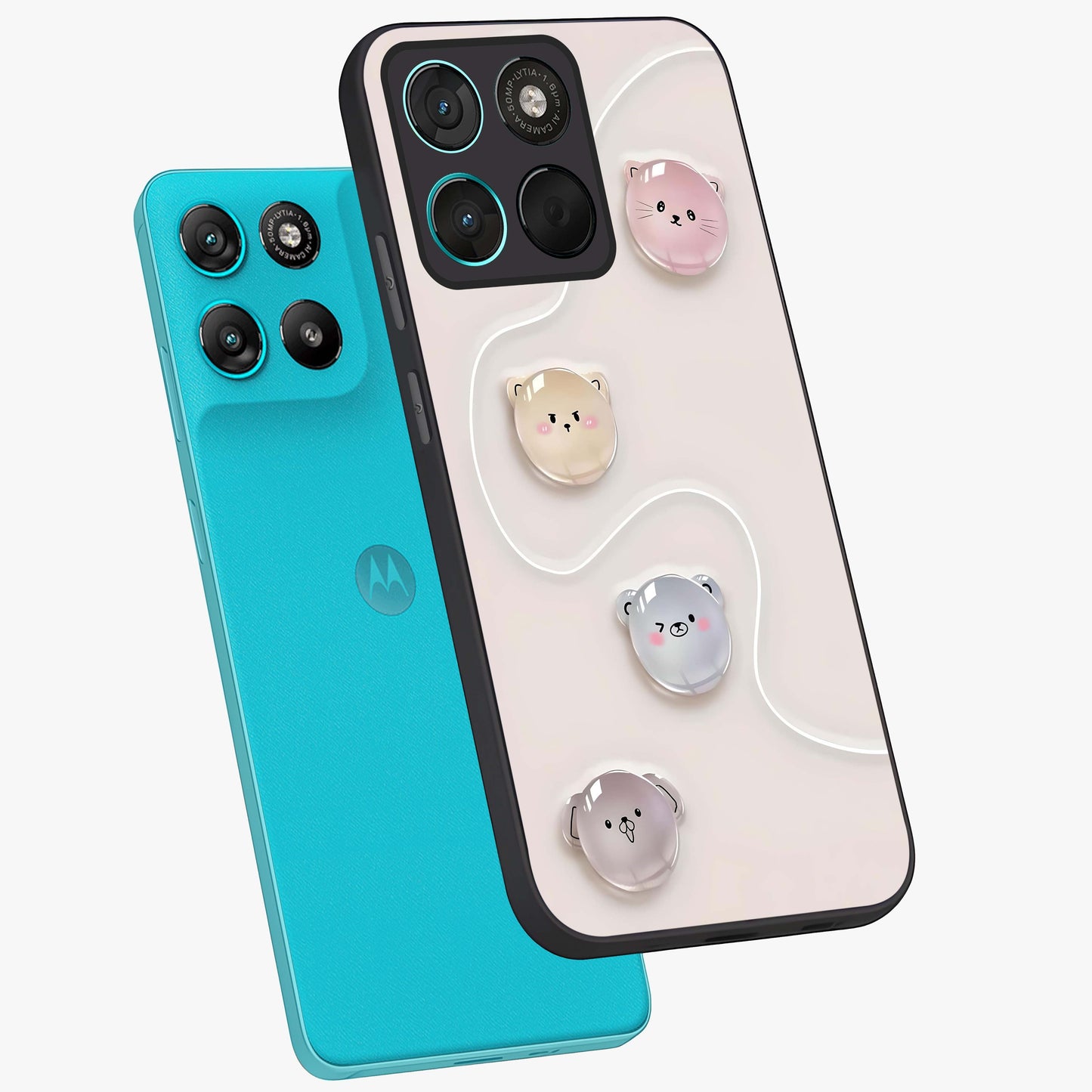 Puffy Face Parade Glass Case displayed in angled mockup highlighting playful cartoon face design with fun aesthetic.