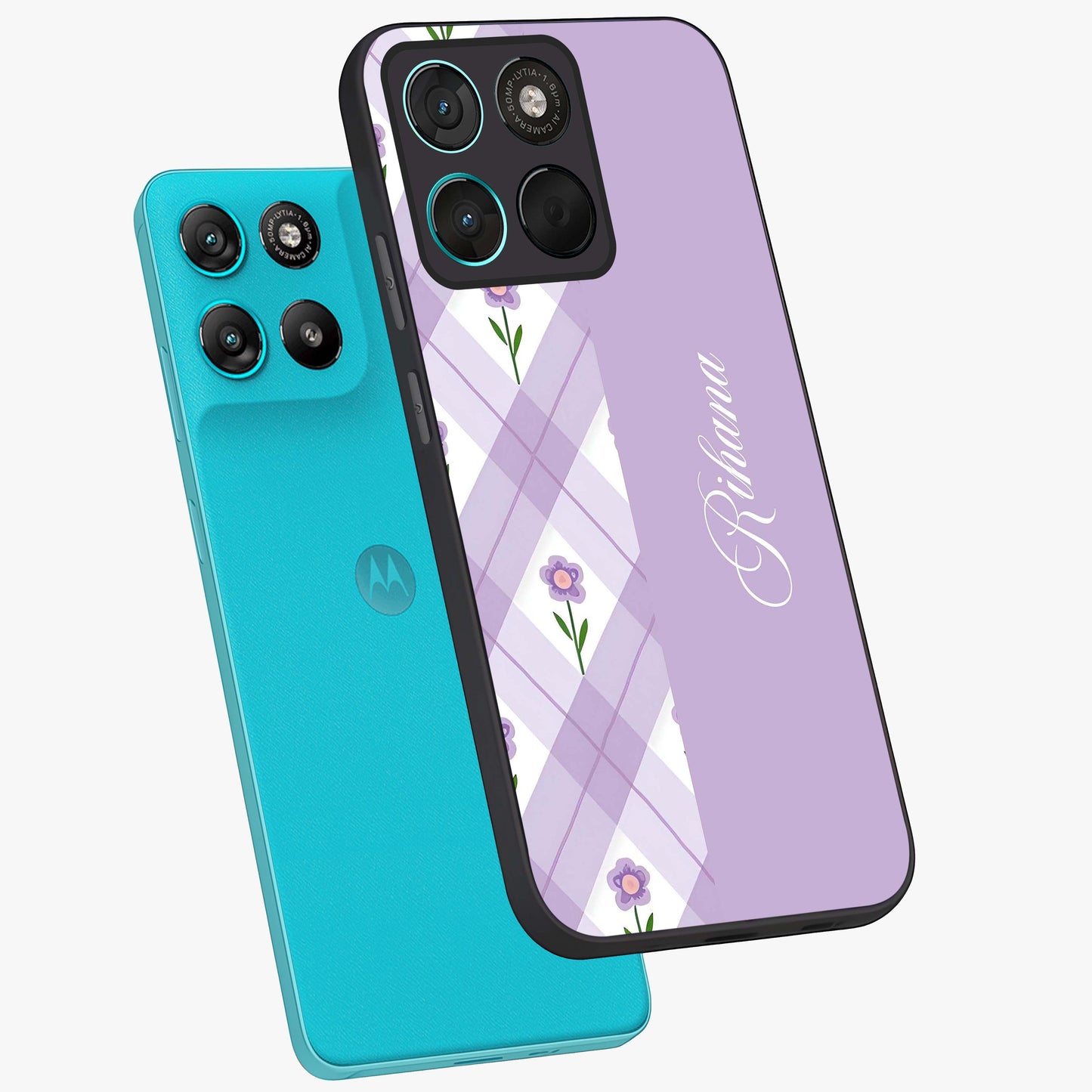 Purple Diamond Floral Glass Case displayed in angled mockup highlighting elegant purple flower design with decorative pattern.