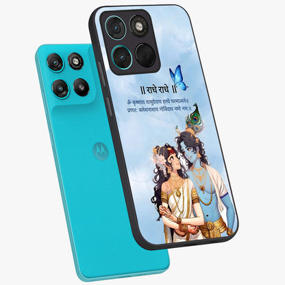 Radha Krishna Eternal Glass Case displayed in angled mockup highlighting divine Radha Krishna illustration with spiritual aesthetic.