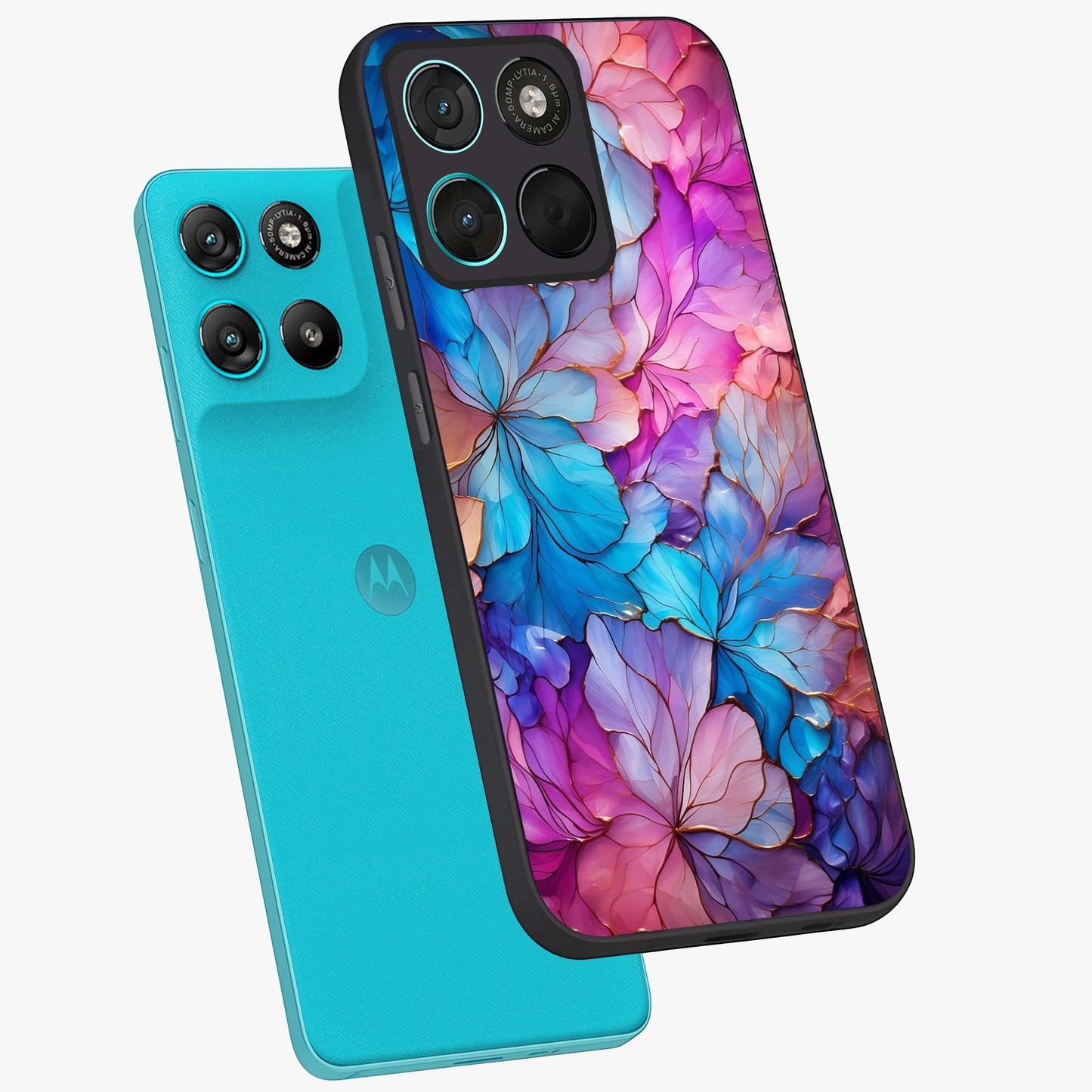 Radiant Floral Whirl Glass Case displayed in angled mockup highlighting vibrant flower pattern with dynamic artistic aesthetic.