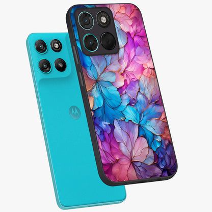 Radiant Floral Whirl Glass Case displayed in angled mockup highlighting vibrant flower pattern with dynamic artistic aesthetic.