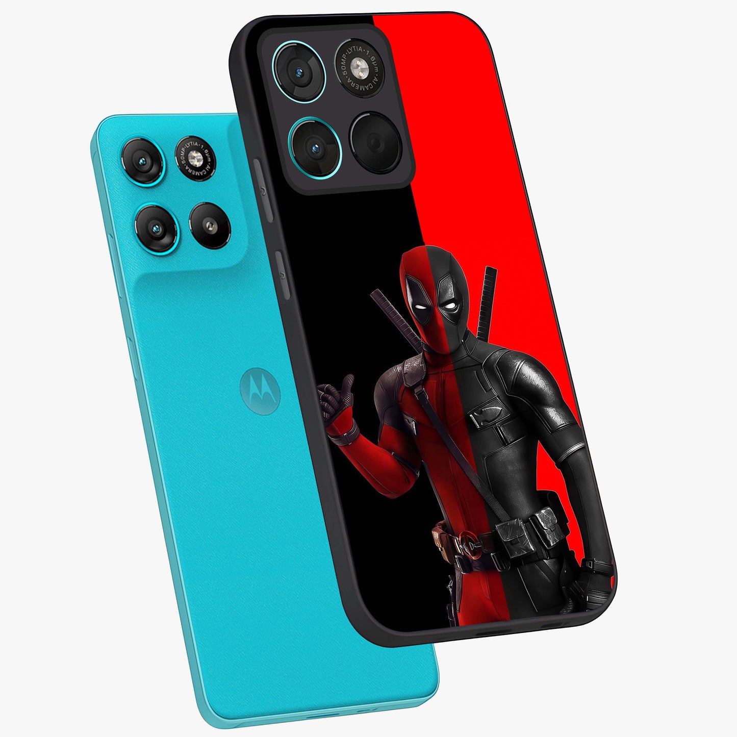 Red & Black Deadpool Theme Glass Case displayed in angled mockup highlighting vibrant superhero style illustration with action aesthetic.