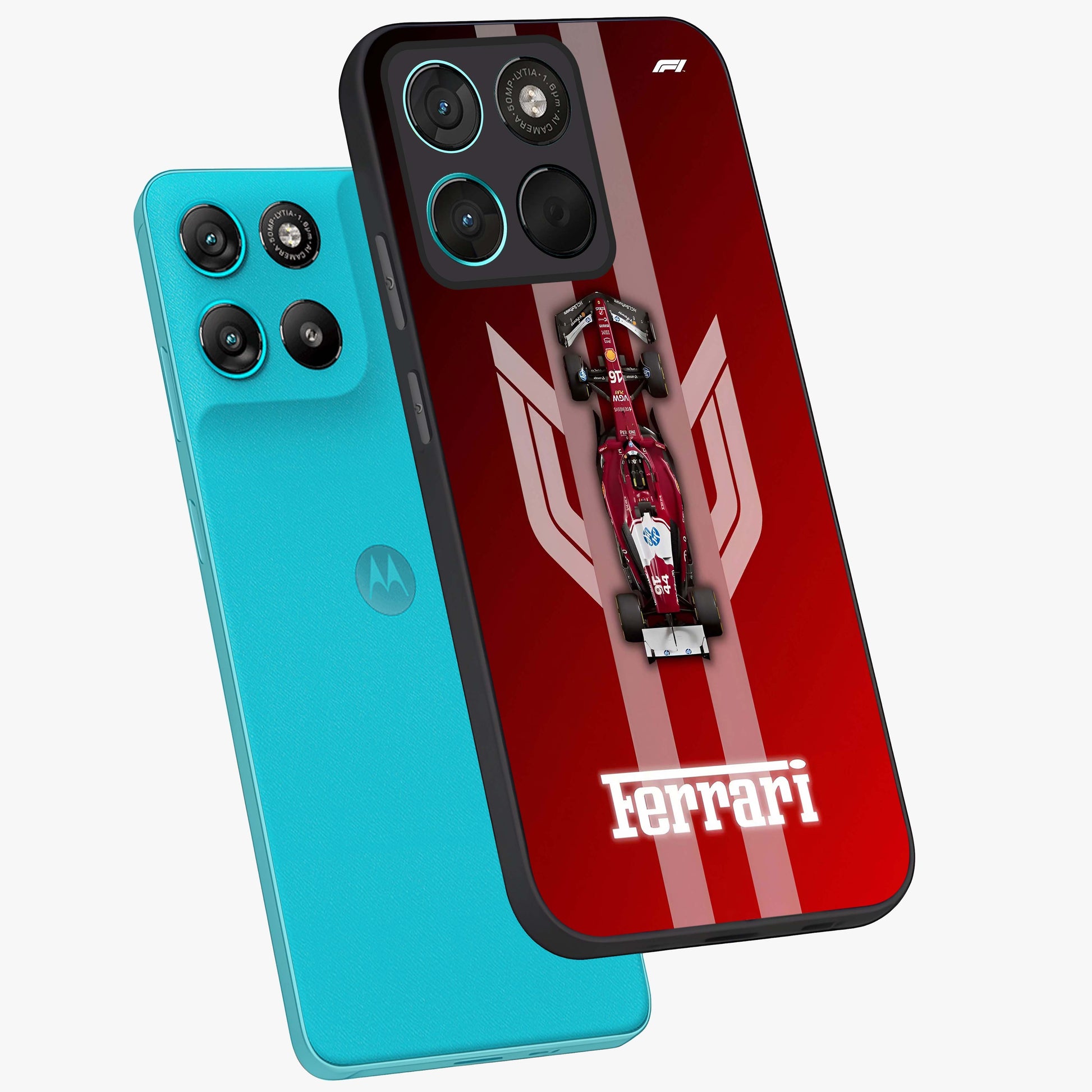 Red Ferrari F1 Vertical Glass Case displayed in angled mockup highlighting high speed racing design with bold automotive aesthetic.