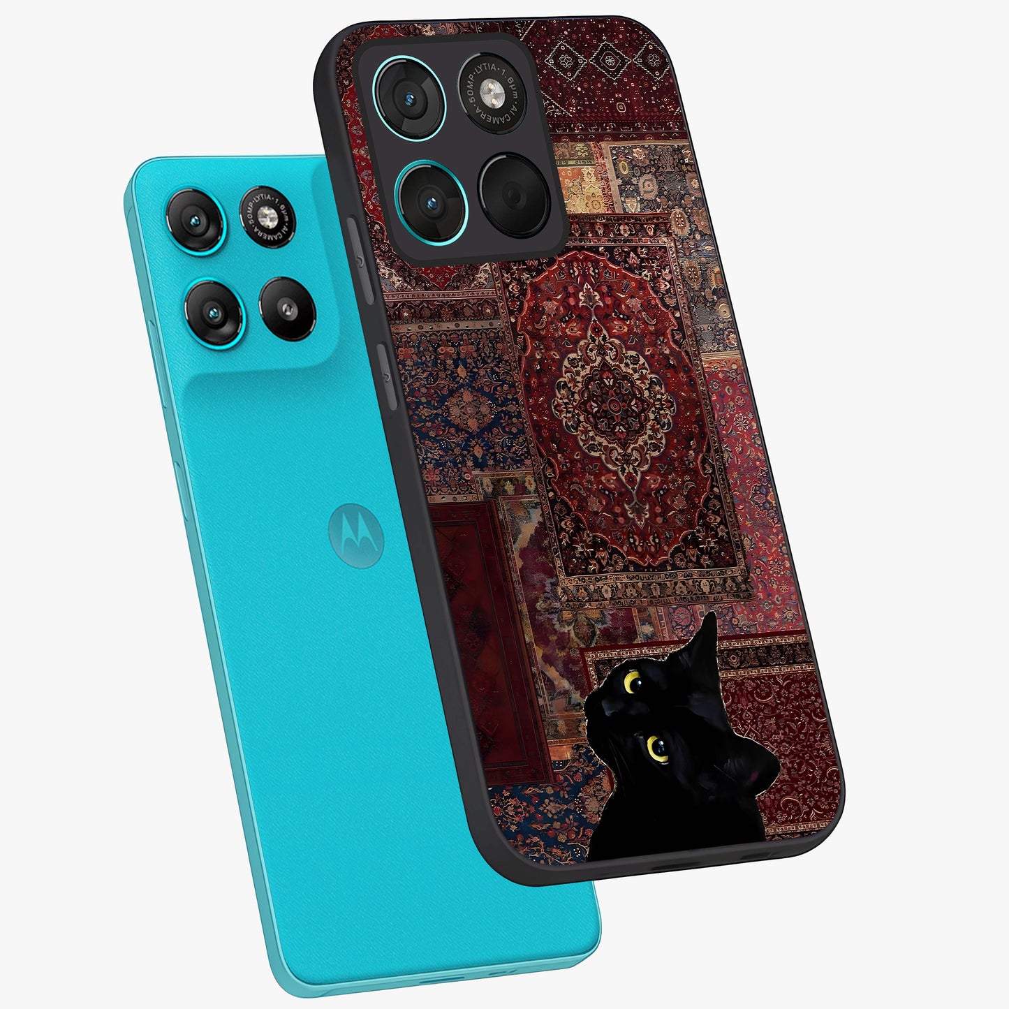 Regal Magic Cat Apple Glass Case displayed in angled mockup highlighting whimsical feline design with fantasy aesthetic.