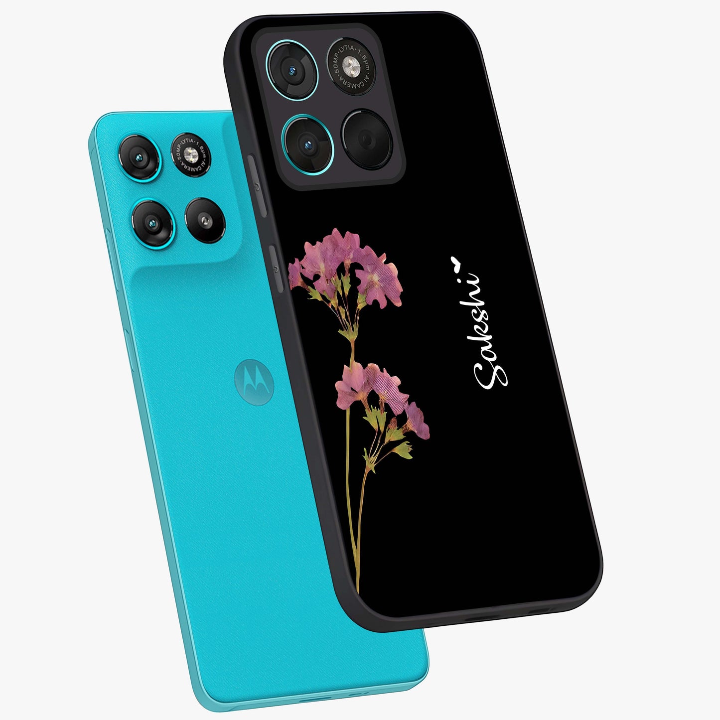 Riching Lavender Flower Custom Name Glass Case displayed in angled mockup highlighting delicate lavender flower design with custom name feature.