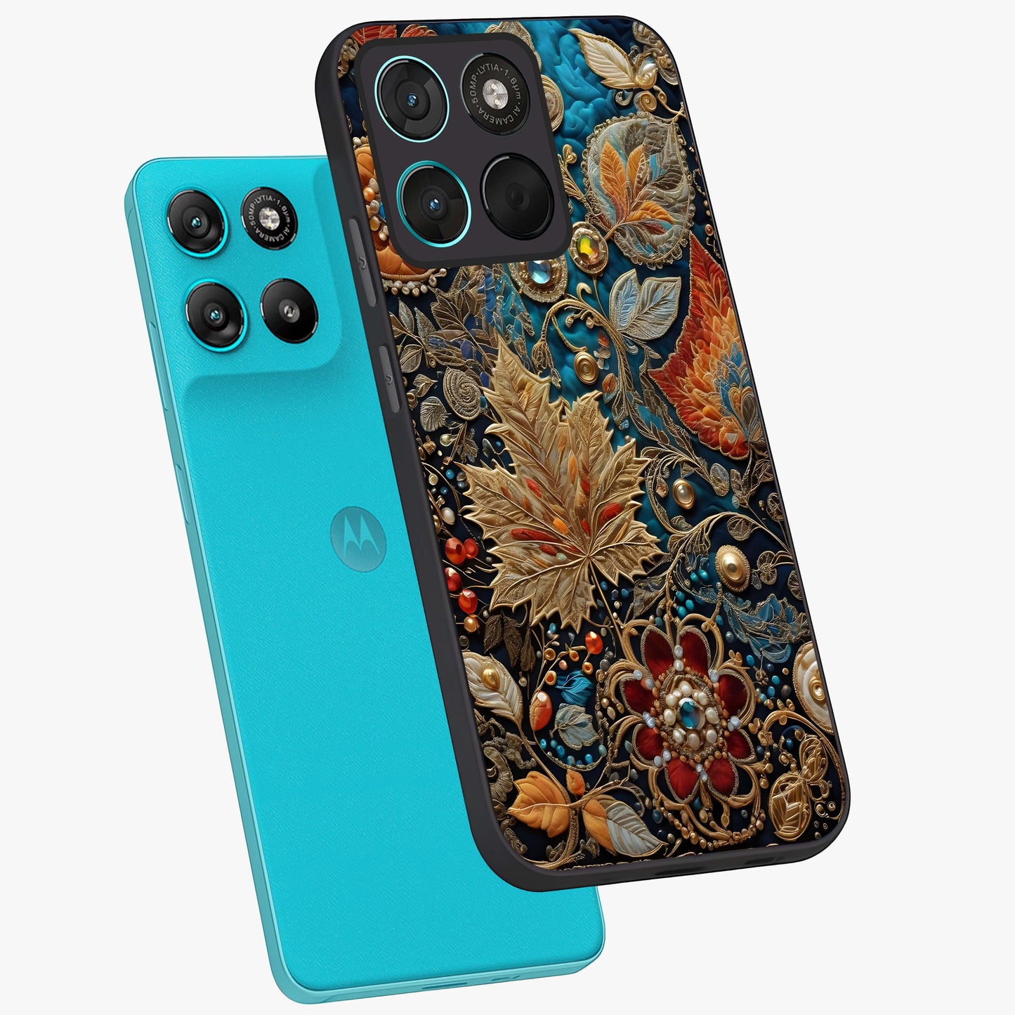 Royal Jewel Garden Glass Case displayed in angled mockup highlighting vibrant jewel inspired floral design with elegant aesthetic.