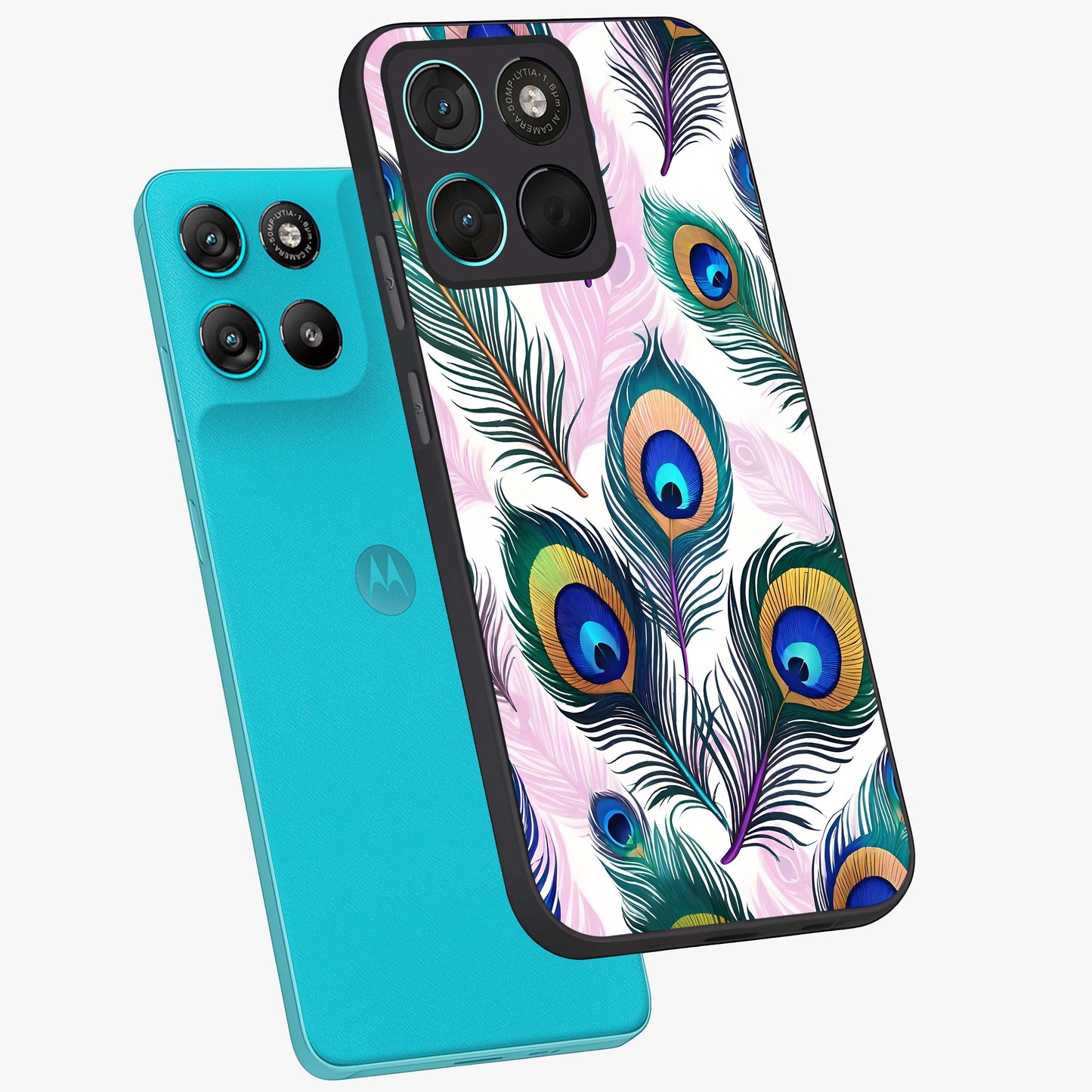 Royal Peacock Feathers Glass Case displayed in angled mockup highlighting vibrant feather pattern with regal aesthetic style.