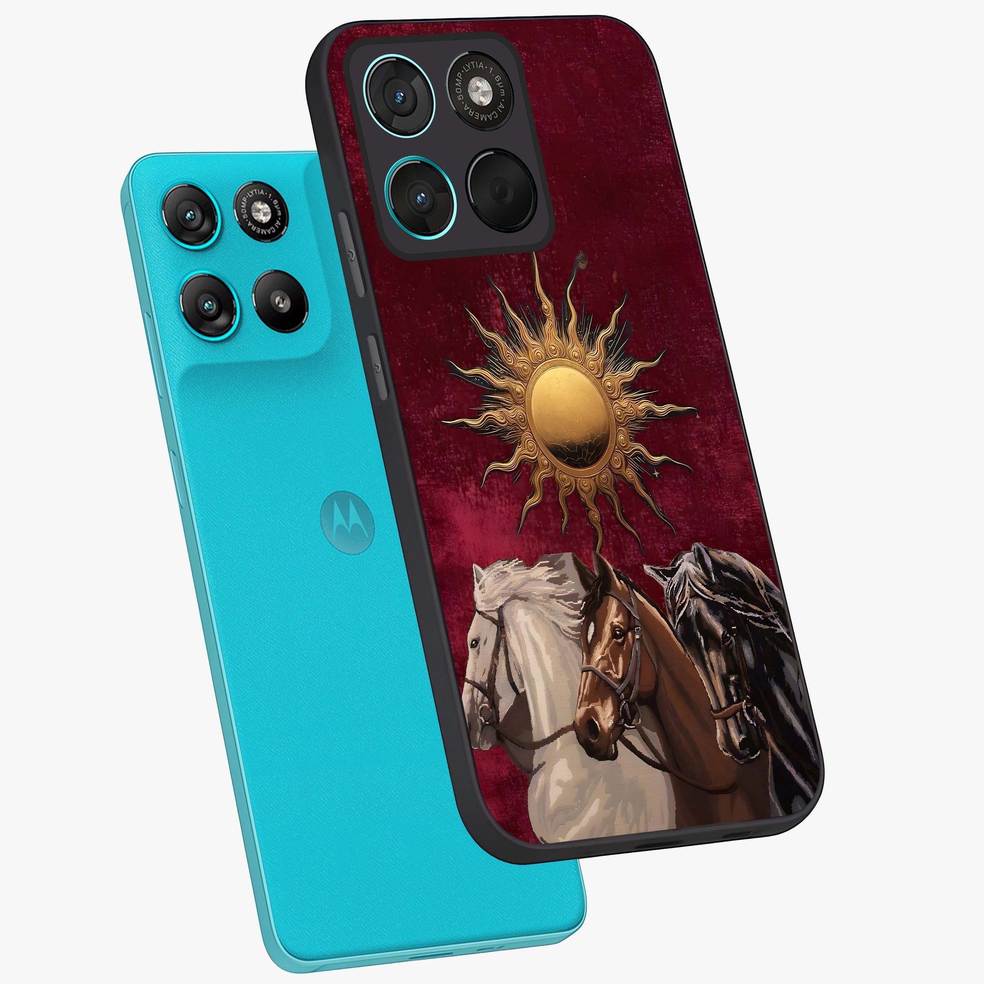 Solar Riders Glass Case displayed in angled mockup highlighting powerful rider illustration with radiant solar aesthetic.