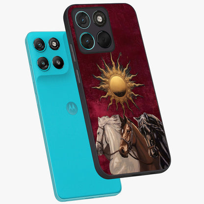 Solar Riders Glass Case displayed in angled mockup highlighting powerful rider illustration with radiant solar aesthetic.