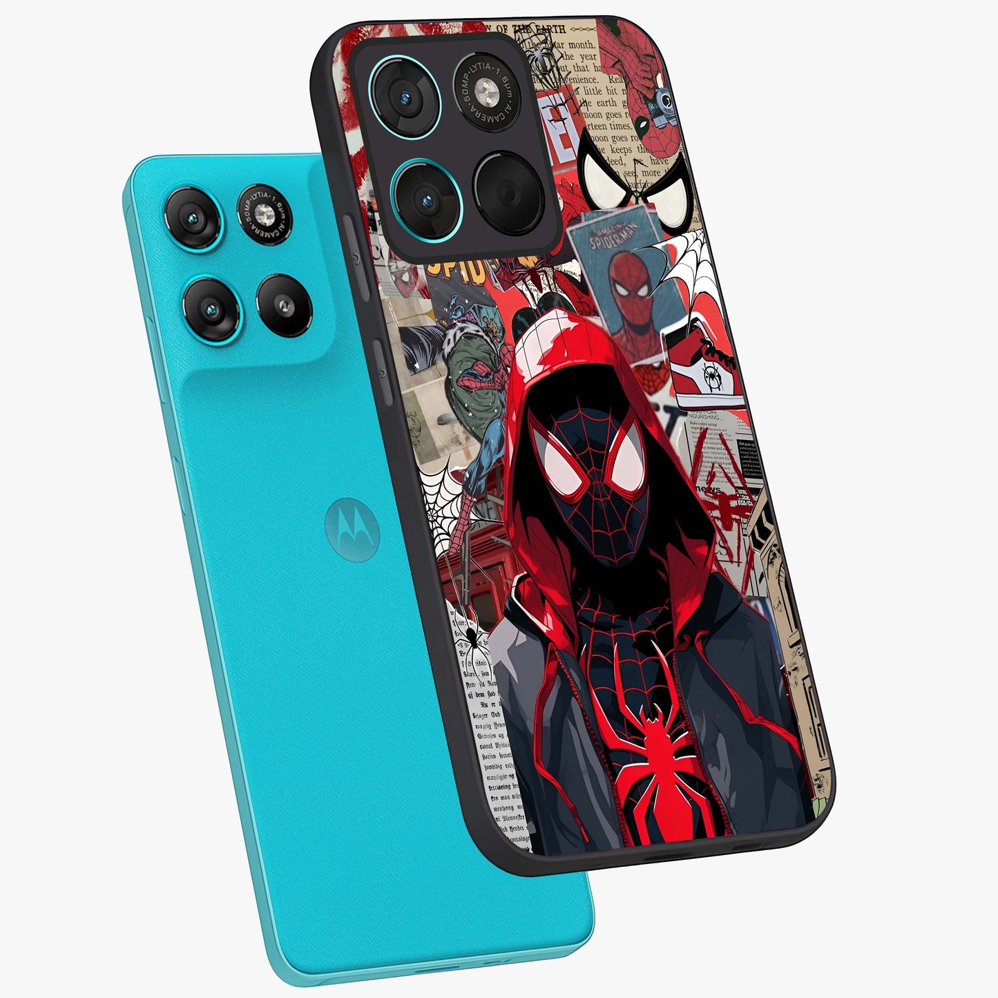 Spider Collage Street Glass Case displayed in angled mockup highlighting dynamic street style collage design with comic aesthetic.