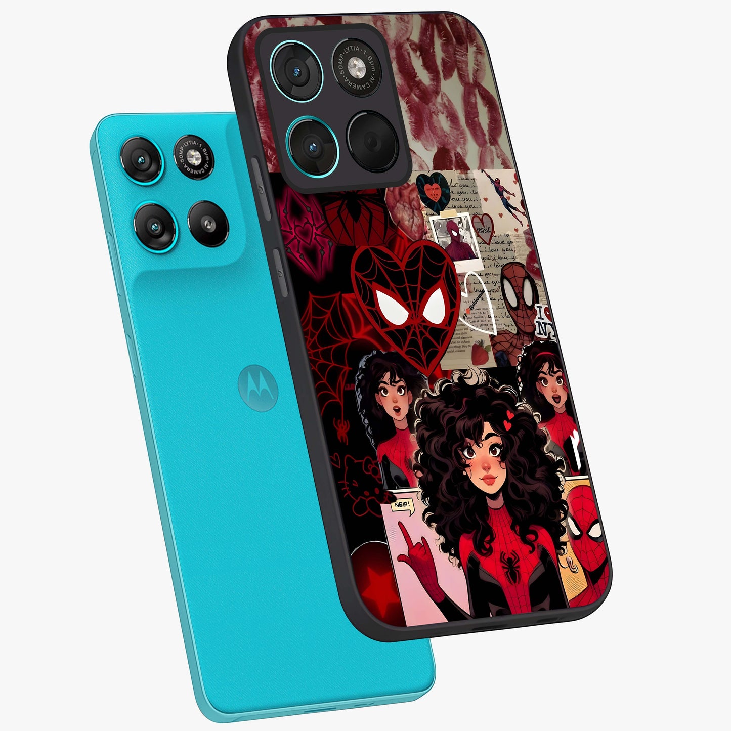 Spider Love Story Glass Case displayed in angled mockup highlighting expressive comic inspired design with playful aesthetic.