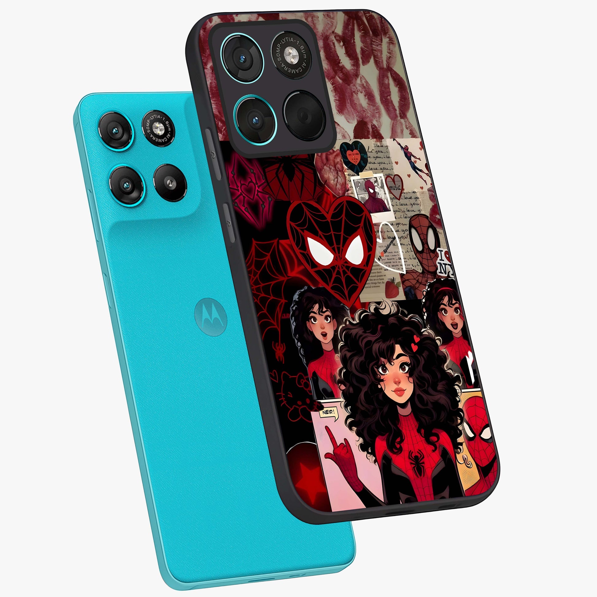 Spider Love Story Glass Case displayed in angled mockup highlighting expressive comic inspired design with playful aesthetic.