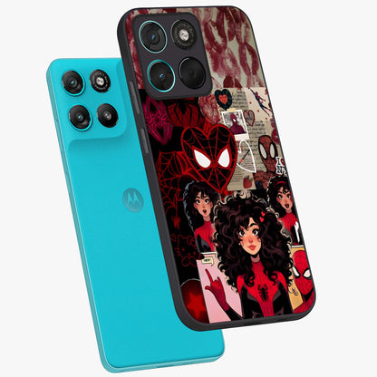 Spider Love Story Glass Case displayed in angled mockup highlighting expressive comic inspired design with playful aesthetic.