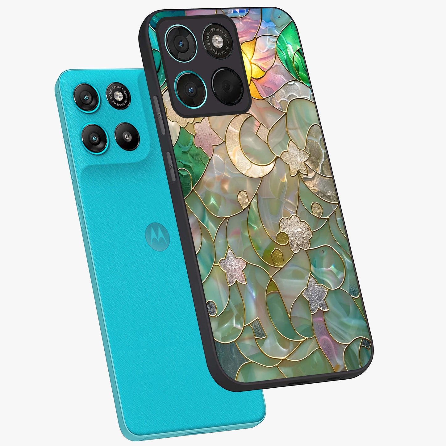 Stained Sunrise Glow Glass Case displayed in angled mockup highlighting radiant sunrise design with artistic aesthetic style.