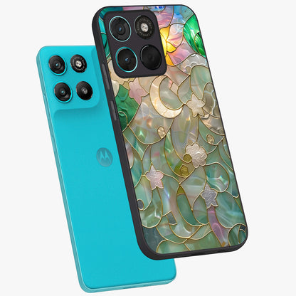 Stained Sunrise Glow Glass Case displayed in angled mockup highlighting radiant sunrise design with artistic aesthetic style.