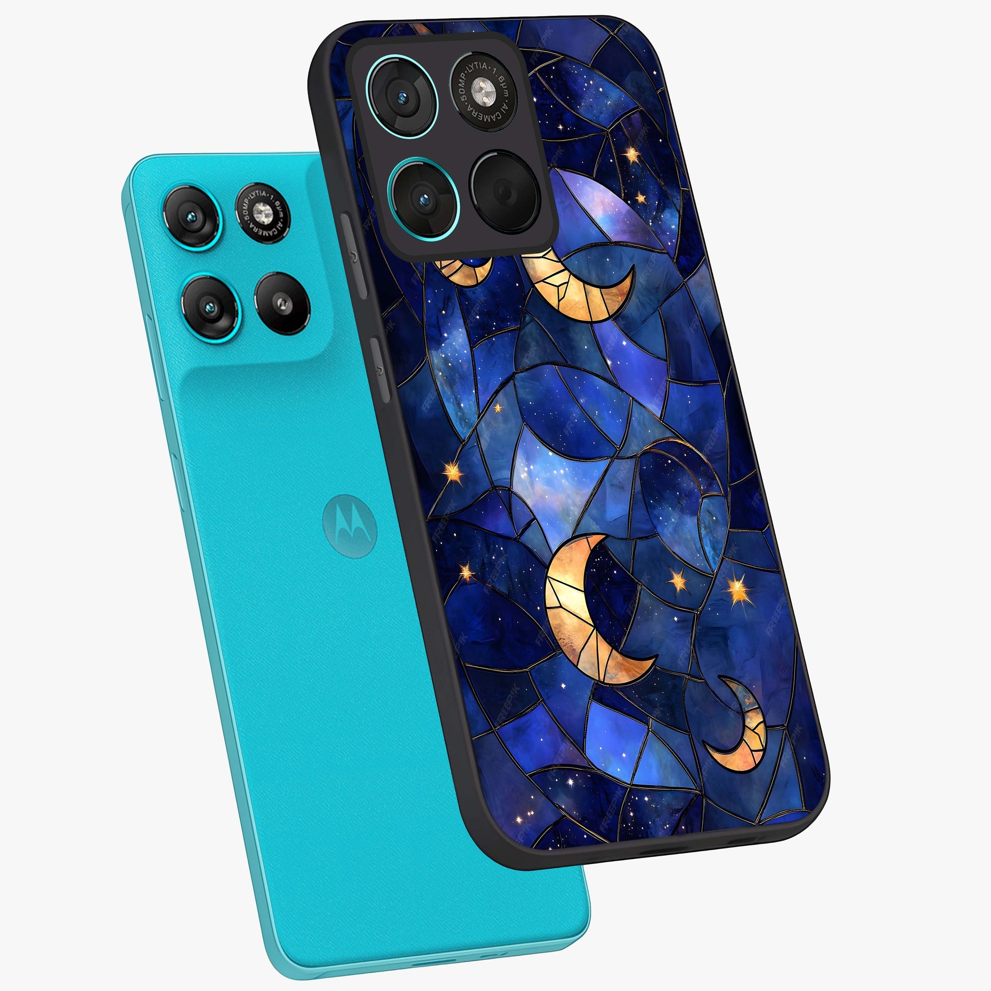 Starlit Sky Tapestry Glass Case displayed in angled mockup highlighting celestial night pattern with artistic aesthetic style.