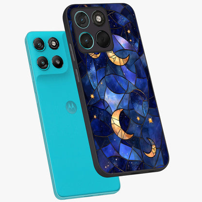 Starlit Sky Tapestry Glass Case displayed in angled mockup highlighting celestial night pattern with artistic aesthetic style.