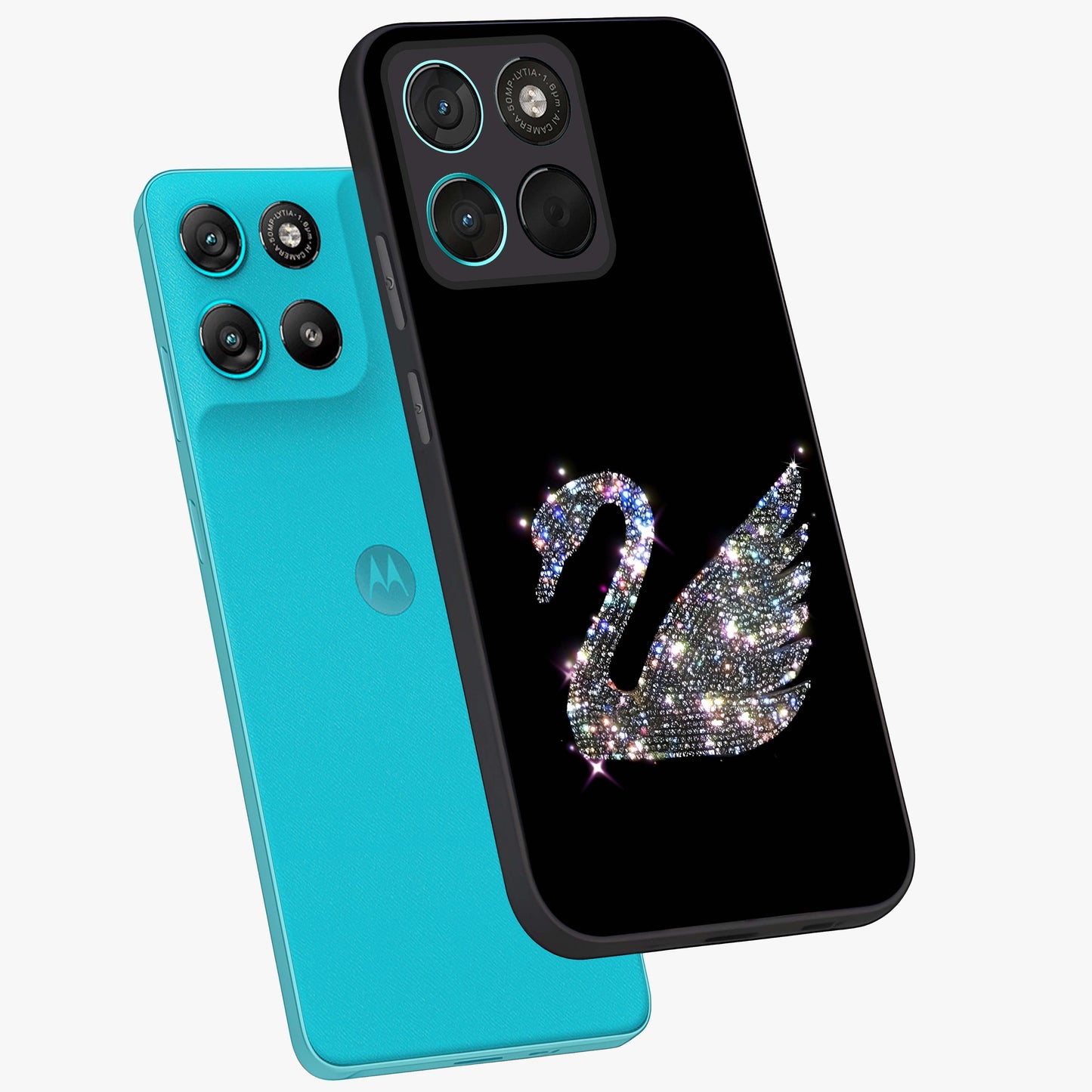 Starlit Swan Grace Glass Case displayed in angled mockup highlighting elegant swan illustration with dreamy celestial aesthetic.