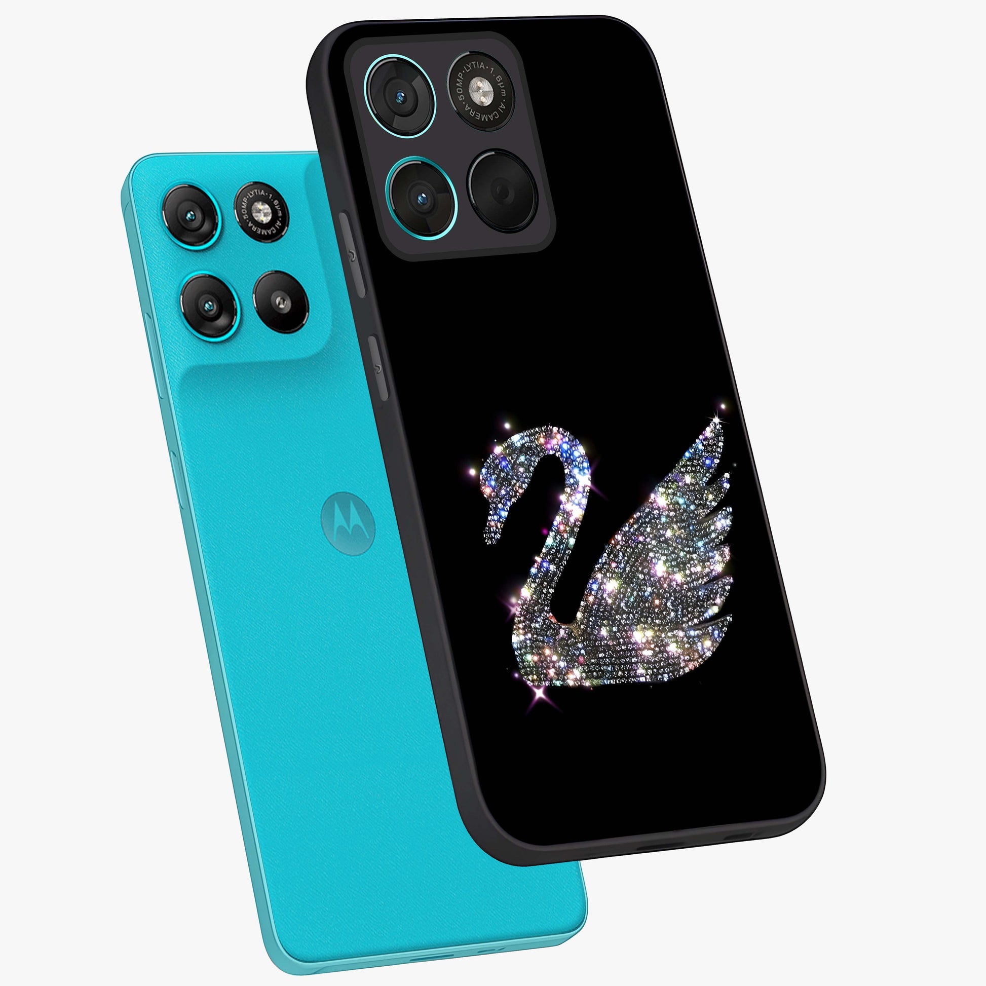 Starlit Swan Grace Glass Case displayed in angled mockup highlighting elegant swan illustration with dreamy celestial aesthetic.