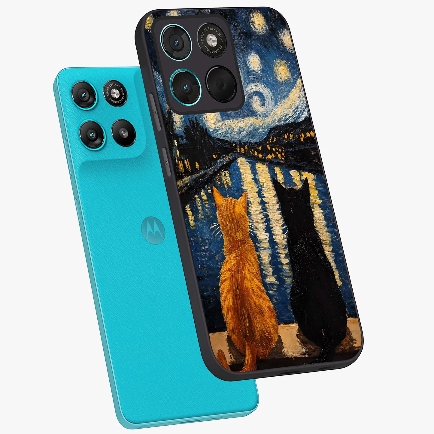 Starry River Cats Glass Case displayed in angled mockup highlighting charming feline illustration with dreamy night aesthetic.