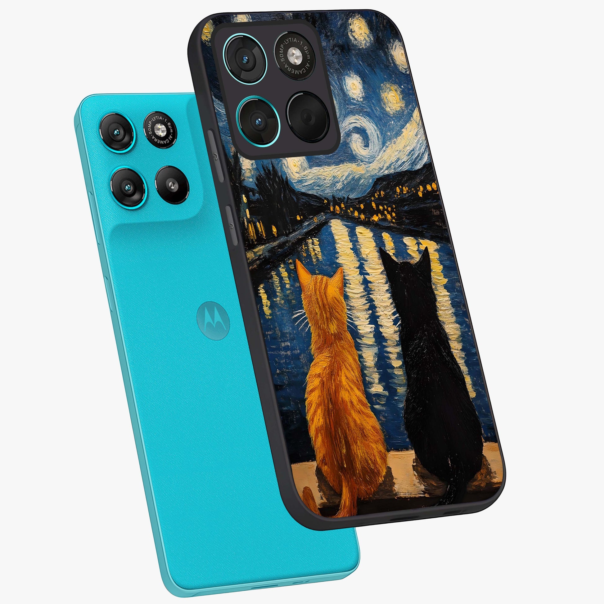 Starry River Cats Glass Case displayed in angled mockup highlighting charming feline illustration with dreamy night aesthetic.