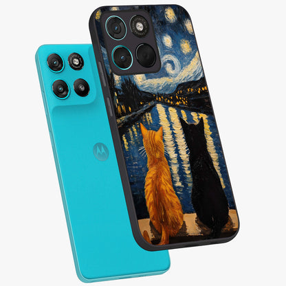 Starry River Cats Glass Case displayed in angled mockup highlighting charming feline illustration with dreamy night aesthetic.