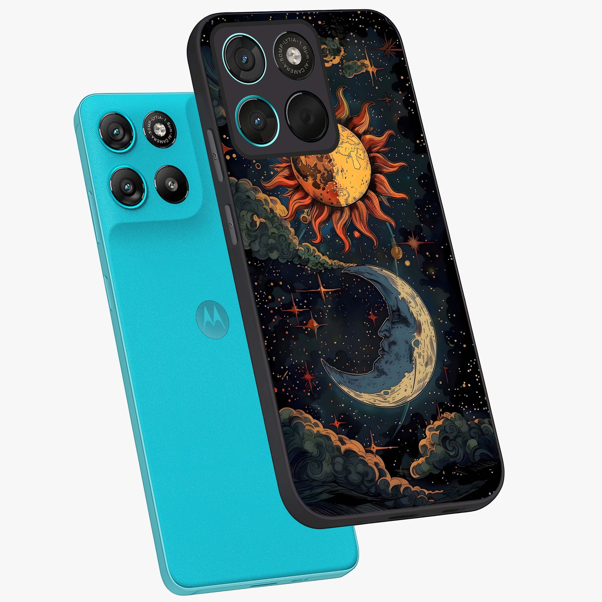 Sun And Moon Magic Design Glass Case displayed in angled mockup highlighting celestial design with magical cosmic aesthetic.
