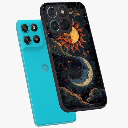Sun And Moon Magic Design Glass Case displayed in angled mockup highlighting celestial design with magical cosmic aesthetic.