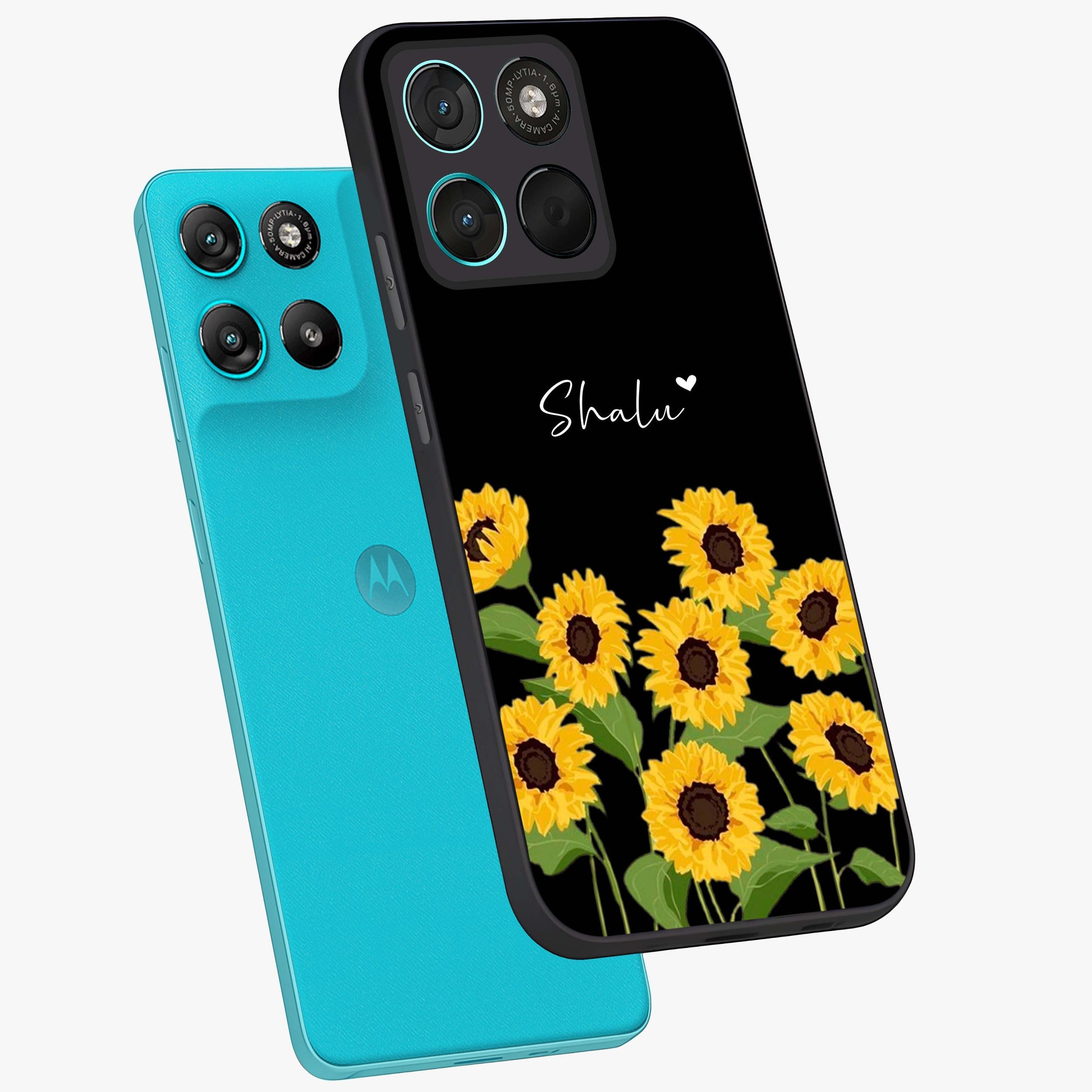 Sunflower Chic Mood Custom Name Glass Case displayed in angled mockup highlighting vibrant sunflower design with custom name feature.