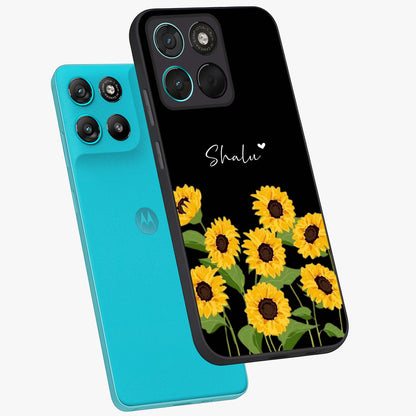 Sunflower Chic Mood Custom Name Glass Case displayed in angled mockup highlighting vibrant sunflower design with custom name feature.