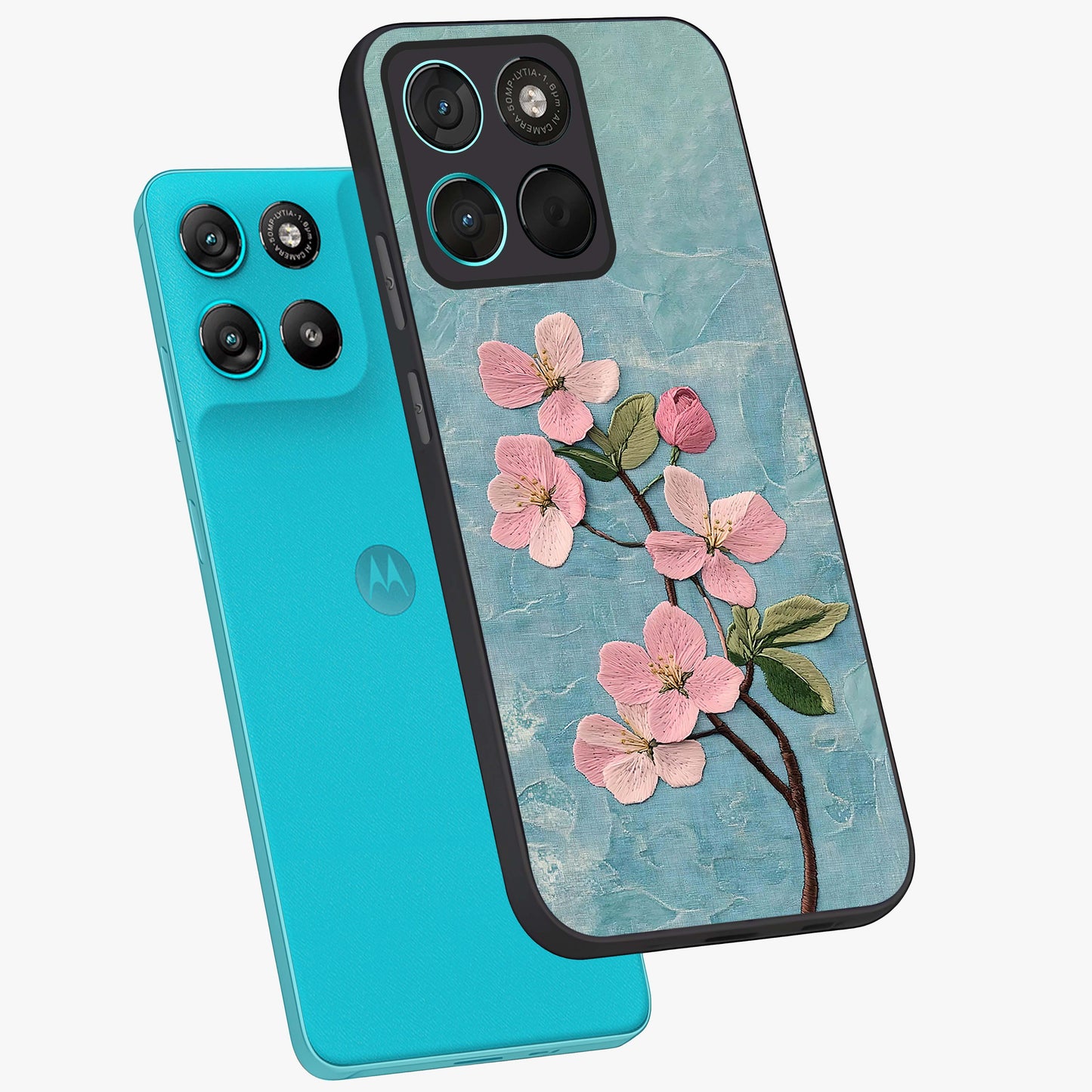 Threaded Blossom Breeze Glass Case displayed in angled mockup highlighting elegant floral design with soft aesthetic style.
