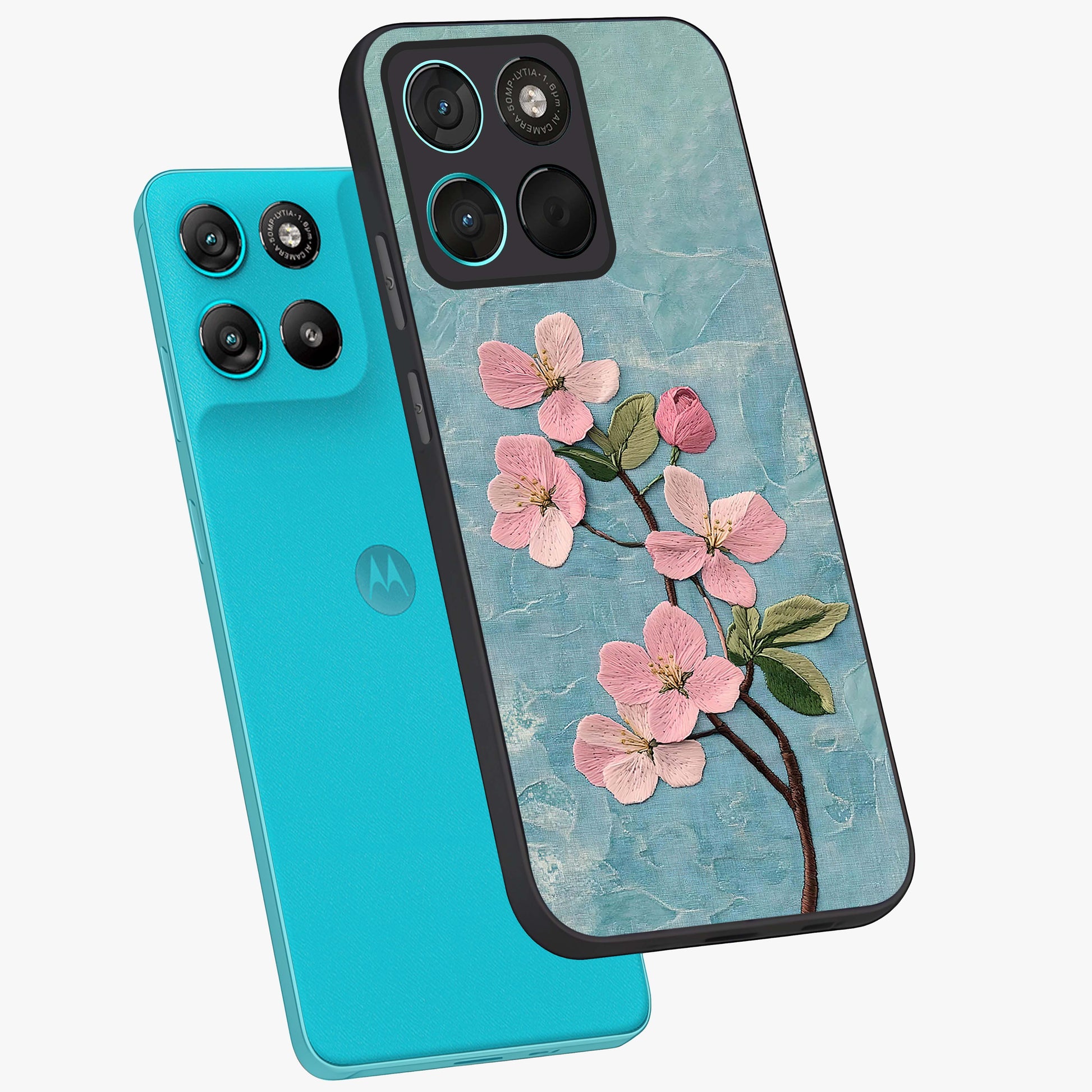 Threaded Blossom Breeze Glass Case displayed in angled mockup highlighting elegant floral design with soft aesthetic style.