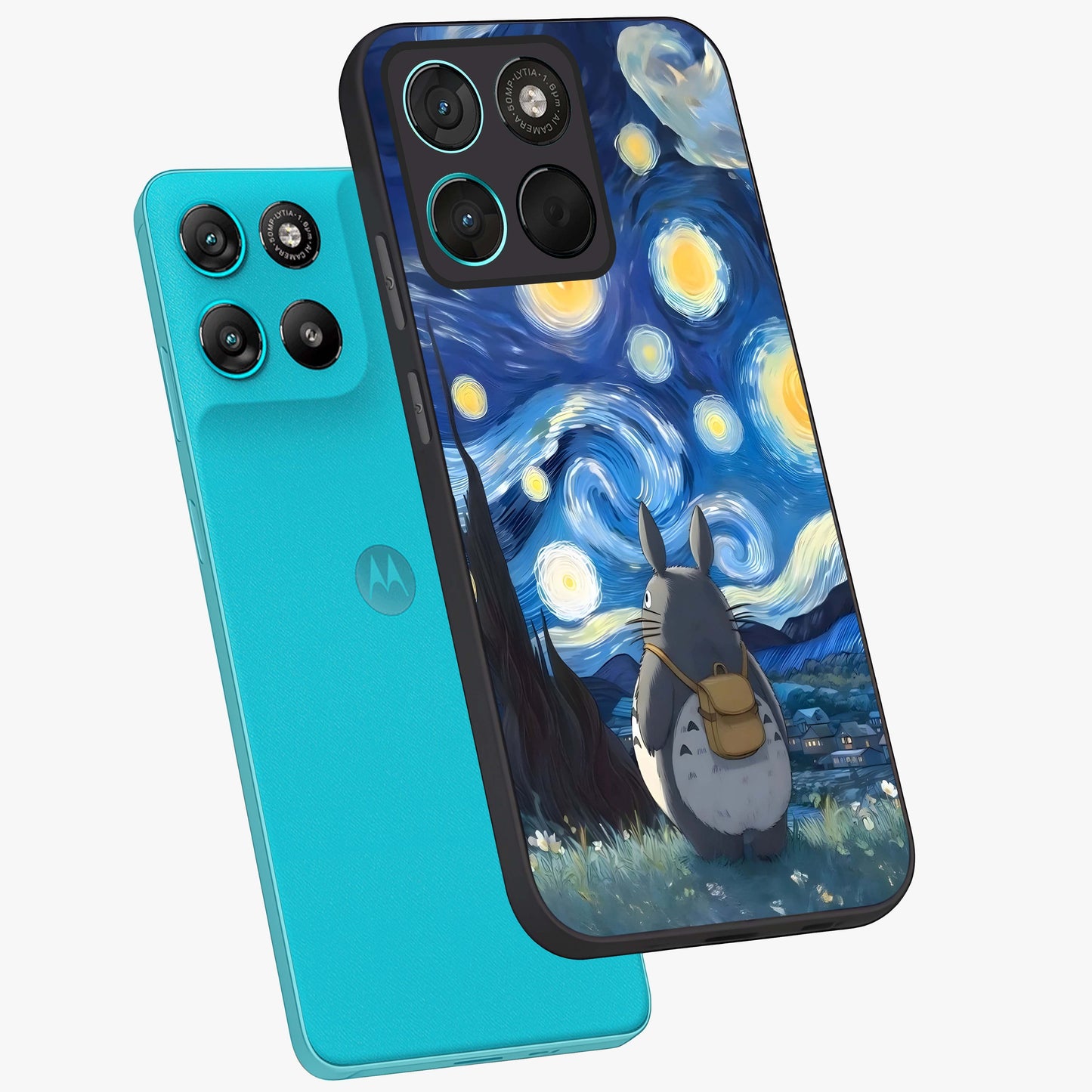 Totoro In Van Gogh Art Glass Case displayed in angled mockup highlighting artistic swirling sky design with playful animation aesthetic.