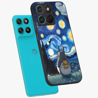 Totoro In Van Gogh Art Glass Case displayed in angled mockup highlighting artistic swirling sky design with playful animation aesthetic.