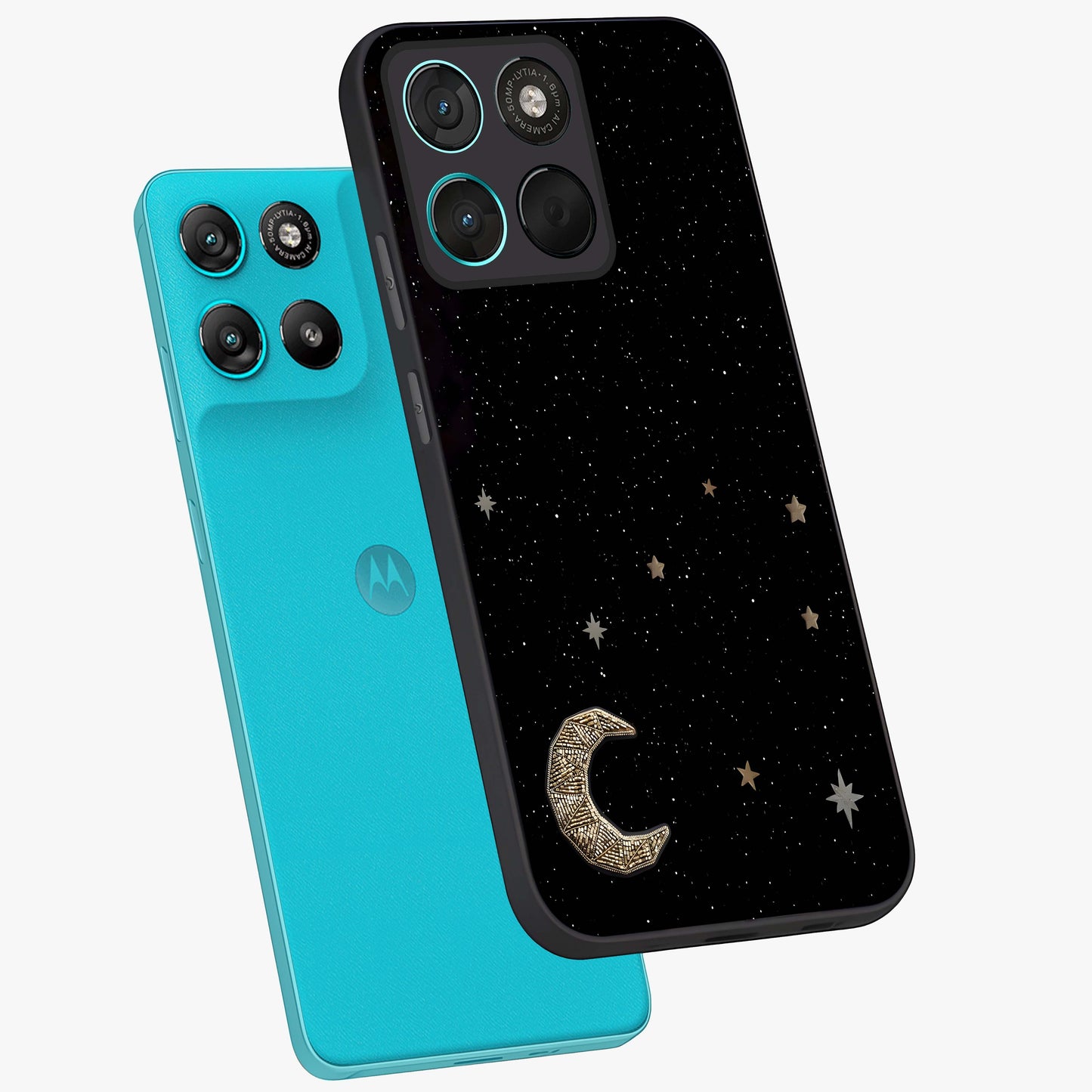 Twinkle Star With Half Moon Glass Case displayed in angled mockup highlighting celestial moon and star design with magical aesthetic.