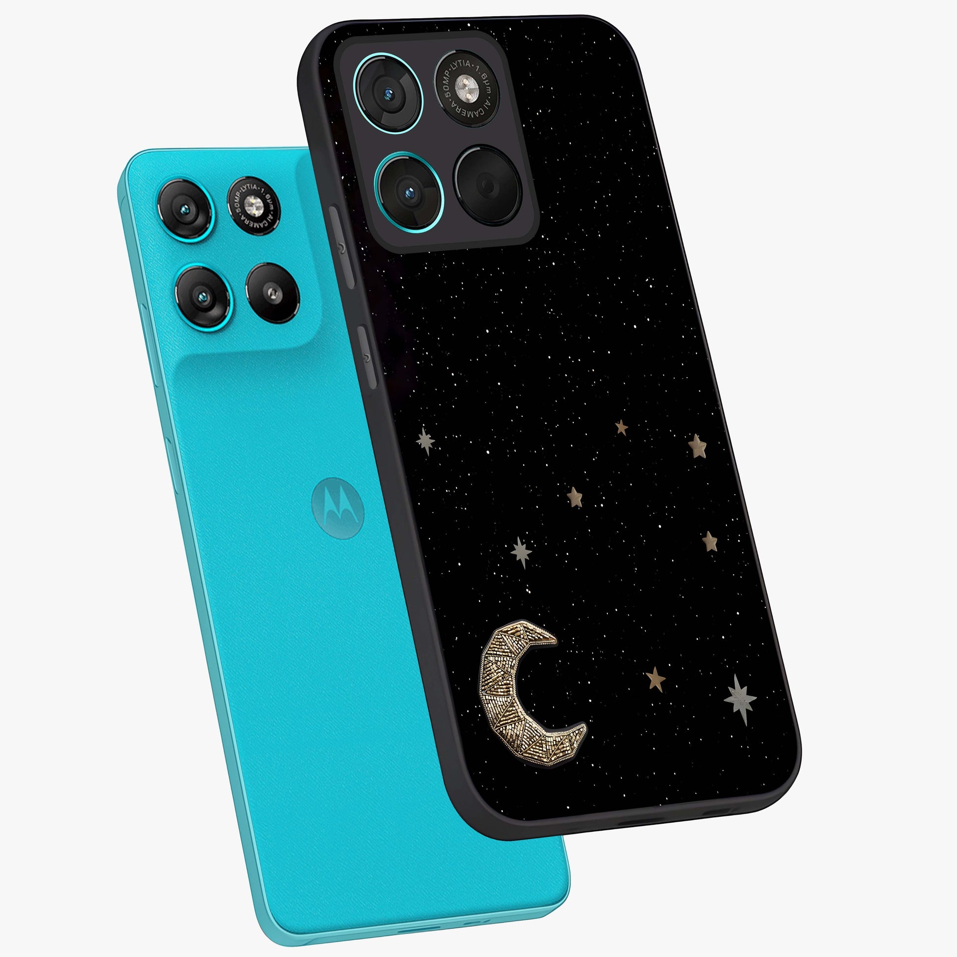 Twinkle Star With Half Moon Glass Case displayed in angled mockup highlighting celestial moon and star design with magical aesthetic.