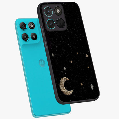 Twinkle Star With Half Moon Glass Case displayed in angled mockup highlighting celestial moon and star design with magical aesthetic.